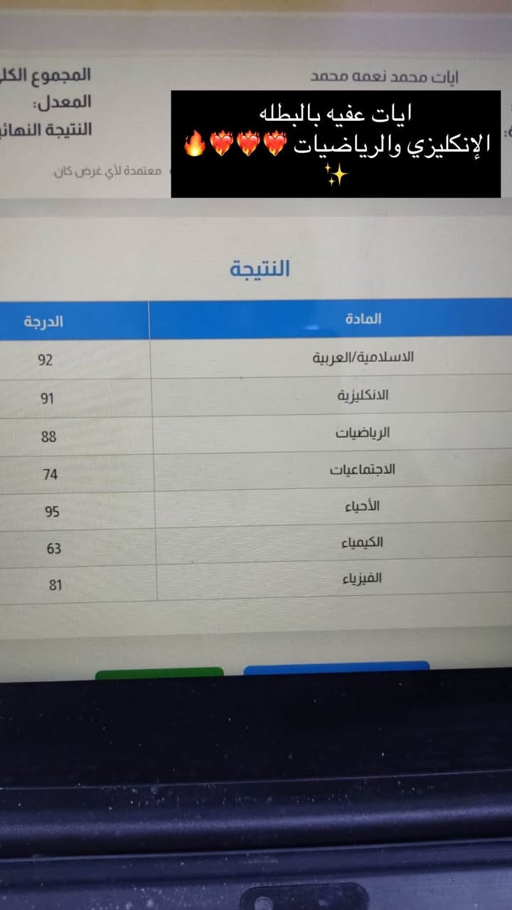 الحمدلله والشكر درجات طلابنه للمادة الانكليزي والرياضيات
فتحته الان دورات للطلبه الجدد للثالث المتوسط وطلبة الدور الثاني للاستفسار المراسله خاص او الاتصال على الرقم التالي ***********
