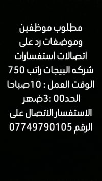 مطلوب موظفين وموضفات رد على اتصالات استفسارات شركه البيجات راتب 750 ال...