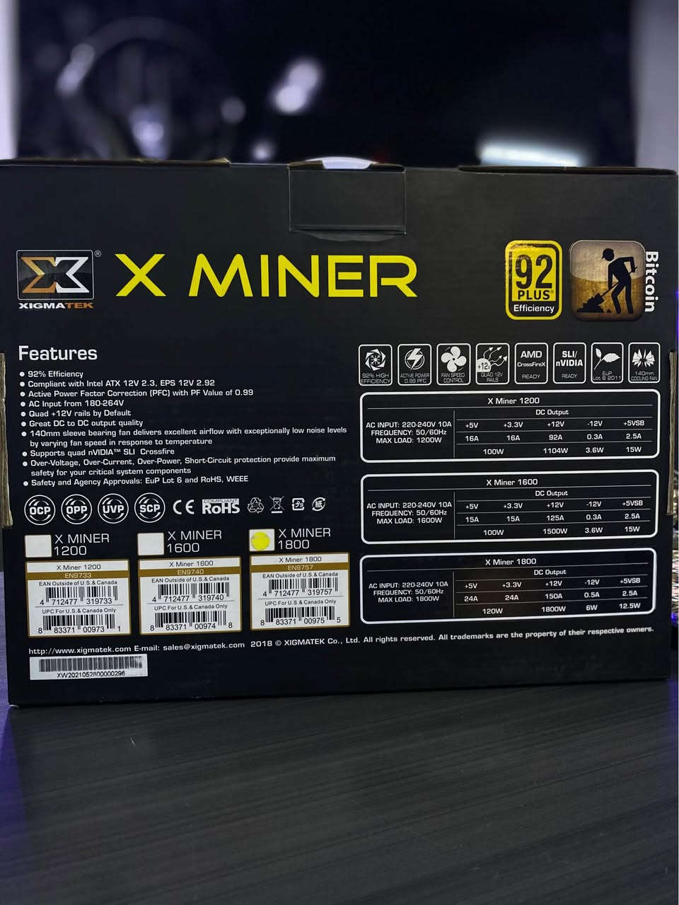 ✅ Model: Xigmatek X Miner 1800W
✅ Power: 1800W Real Output
✅ Efficiency: 92 Plus
✅ Supports: Multi-GPU Mining Rigs & High-Power Systems
✅ Condition: Brand New, Sealed in Box

✔ 92% High Efficiency
✔ Active PFC
✔ 140mm Silent Cooling Fan
✔ Over Voltage / Over Current / Short Circuit Protection
✔ Stable and Reliable Performance

*********** السليمانية, العراق
