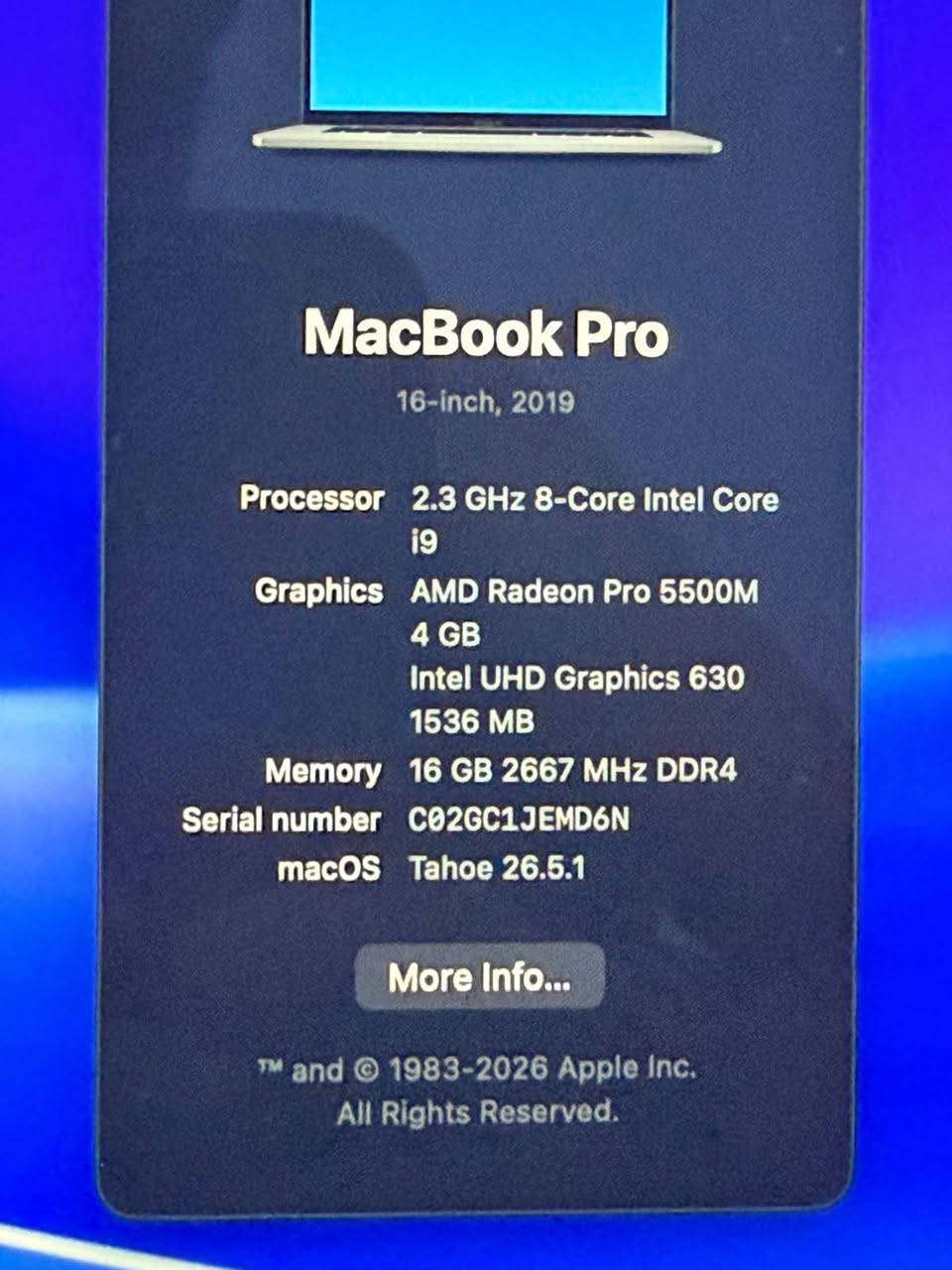 السلام عليكم
للبيع MacBook Pro 16-inch 2019 — أداء قوي وشاشة خرافية! 🔥

💻 المواصفات:
• Intel Core i9 — 2.3GHz / 8-Core
• RAM 16GB DDR4
• SSD 1TB
• AMD Radeon Pro 5500M — 4GB
• شاشة Retina 16-inch بدقة 3072×1920
• macOS Tahoe 26.5.1
• 🔋 البطارية — 256 دورة
• الحالة: Normal
• الجهاز نظيف ومناسب للشغل الثقيل، البرمجة، التصميم والمونتاج 🎬�
تواصل واتساب فقط ***********
السعر 700 الف

