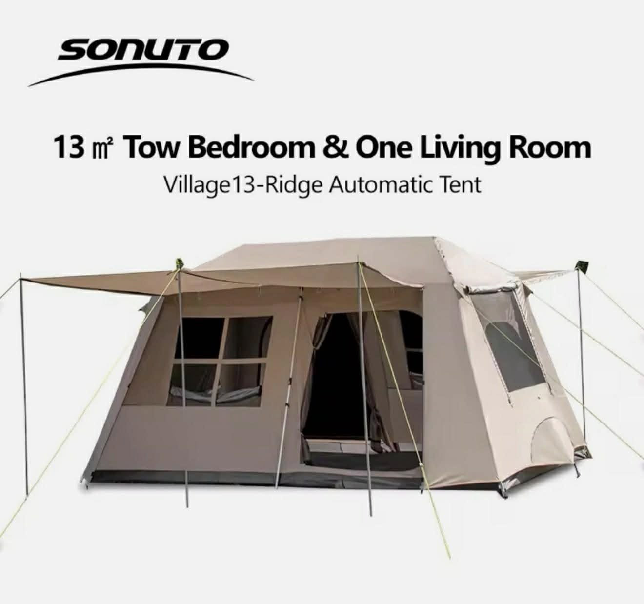 السلام عليكم خيمة من ماركة سونوتو  Sonuto Village 13-Ridge Automatic Tent، وهي خيمة تخييم أوتوماتيكية كبيرة مصممة للعائلات تناسب الرحلات والتخييم وتتميز بمساحة داخلية واسعة تبلغ 13 متراً مربعاً. سهلة النصب جدا ومقاومة للماء وتعتبر خيمة لاربع فصول 
المواصفات الرئيسية
التصميم الداخلي: تتكون الخيمة من غرفة نوم وصالة معيشة واحدة.
السعة: تتسع الخيمة لعدد  8 أشخاص حسب التهيئة والاستخدام.
التركيب: تتميز بآلية تركيب أوتوماتيكية سريعة تتيح نصبها في أقل من دقيقتين.
المواد والمقاومة: مصنوعة من قماش الاكسفورد والبوليستر 210D مع طلاء مقاوم للماء بنسبة تصل إلى 3000 مم، مما يجعلها مقاومة لمياه الامطار بصورة ممتازة بالإضافة إلى حماية من الأشعة فوق البنفسجية.
المميزات الإضافية: تشتمل على تصميم "Double Hall" مع مظلة ممتدة، ونوافذ شبكية من 5 جهات للتهوية، وحقيبة حمل لسهولة التنقل.
قياس الخيمة الطول ٣ متر و ٨٥ سانتمتر العرض ٢ متر و ٦٥ سانتمتر الارتفاع ١ متر و ٨٥ سانتمتر
تواصل خاص او *********** واتساب
