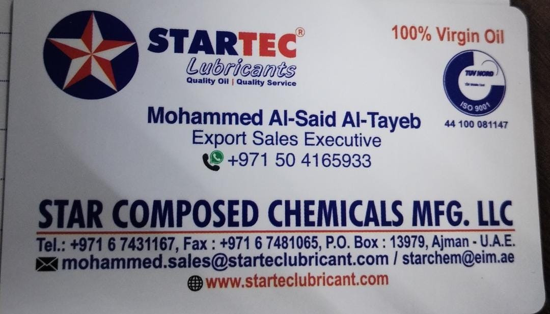 STARTEC Lubricants 
قوة تفوق التوقعات — Power Beyond Expectations

إذا كنت تبحث عن زيت يمنح محركك أداء أعلى… 
STARTEC هو اختيارك الأمثل.

Superior Performance — أداء فائق 
زيوت STARTEC مصممة لتمنح محركك قوة وثبات في كل رحلة.

Ultimate Engine Protection — حماية قصوى للمحرك 
تركيبة متطورة تقلل الاحتكاك وتطيل عمر المحرك.

Advanced Technology — تقنية متقدمة 
معايير عالمية لضمان أفضل أداء في كل الظروف.

High Reliability — موثوقية عالية 
ثقة تدوم… وجودة تلمسها من أول استخدام.

Operational Efficiency — كفاءة تشغيلية 
استهلاك أقل… نتائج أفضل… ومحرك يعمل بسلاسة.

Choose STARTEC… Because Your Engine Deserves the Best 
اختر STARTEC… لأن محركك يستحق الأفضل

📩 Contact us for special offers 
تواصل معنا للحصول على عروض خاصة


**إذا كنت صاحب هذا الإعلان وتريد حذفه لأي سبب، رجاءا أرسل رسالة إلى الدعم الفني**