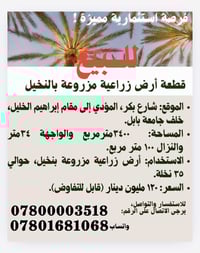 أرض زراعية • الحلة • ٣٤٠٠م