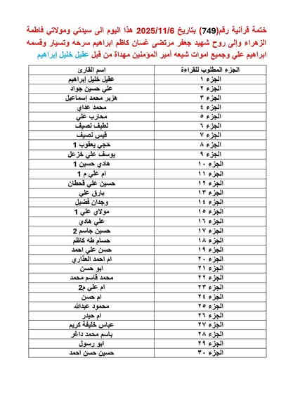 بسم الله الرحمن الرحيم
واذا قرئ القرءان فاستمعوا له وانصتوا لعلكم ترحمون
سورة الاعراف الاية 204
ختمات قرانية اسبوعية تصدر عن دار القرآن الكريم ديالى المقدادية الهارونيه قرى الكيلوات  المشترك يقراء جزء كل اسبوع علما القراءه تكون في بيتك    وعند اكتمال قراءة الجزء  تكتب تم في التعليقات   للتأكد من  المشترك متابع معنا  وجزاكم الله خير

للحجز والاستفسار التواصل على هذا الرقم ابو حسن
***********
***********
@الجميع
@إشارة
