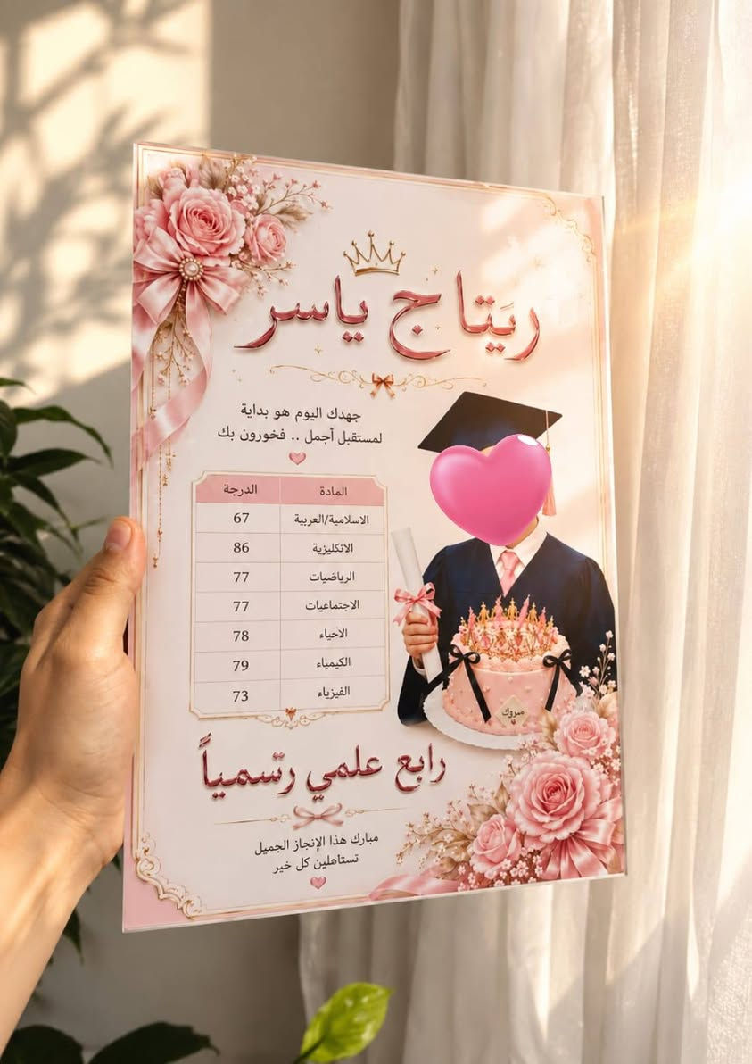 مبروك النجاح لابطال وبطلات صف ثالث متوسط 
هديا نجاح طلابنه صارت جاهزة 
قلم جافر حفر ليزر ب٥٠٠٠
مداليا ب٦٠٠٠ مع الكتابه
سوار ب٥٠٠٠مع الكتابه 
كلادة حفر وجهين ب٨٠٠٠
ولوحه بورد خشبي ٦٠٠٠مع تغليف مجاني 
مناسب للهدايا


**إذا كنت صاحب هذا الإعلان وتريد حذفه لأي سبب، رجاءا أرسل رسالة إلى الدعم الفني**