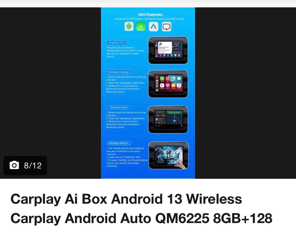 جهاز CarPlay AI Box أسود بتصميم دائري، يُستخدم لتحويل شاشة السيارة إلى نظام أندرويد لتشغيل التطبيقات.يتميز بحواف فضية ويدعم الاتصال اللاسلكي بـ Apple CarPlay و Android Auto.يحتاج الجهاز إلى الاتصال بنقطة اتصال (Hotspot) من الهاتف الذكي لتشغيل الخدمات عبر الإنترنت.
السعر 125 الف


**إذا كنت صاحب هذا الإعلان وتريد حذفه لأي سبب، رجاءا أرسل رسالة إلى الدعم الفني**