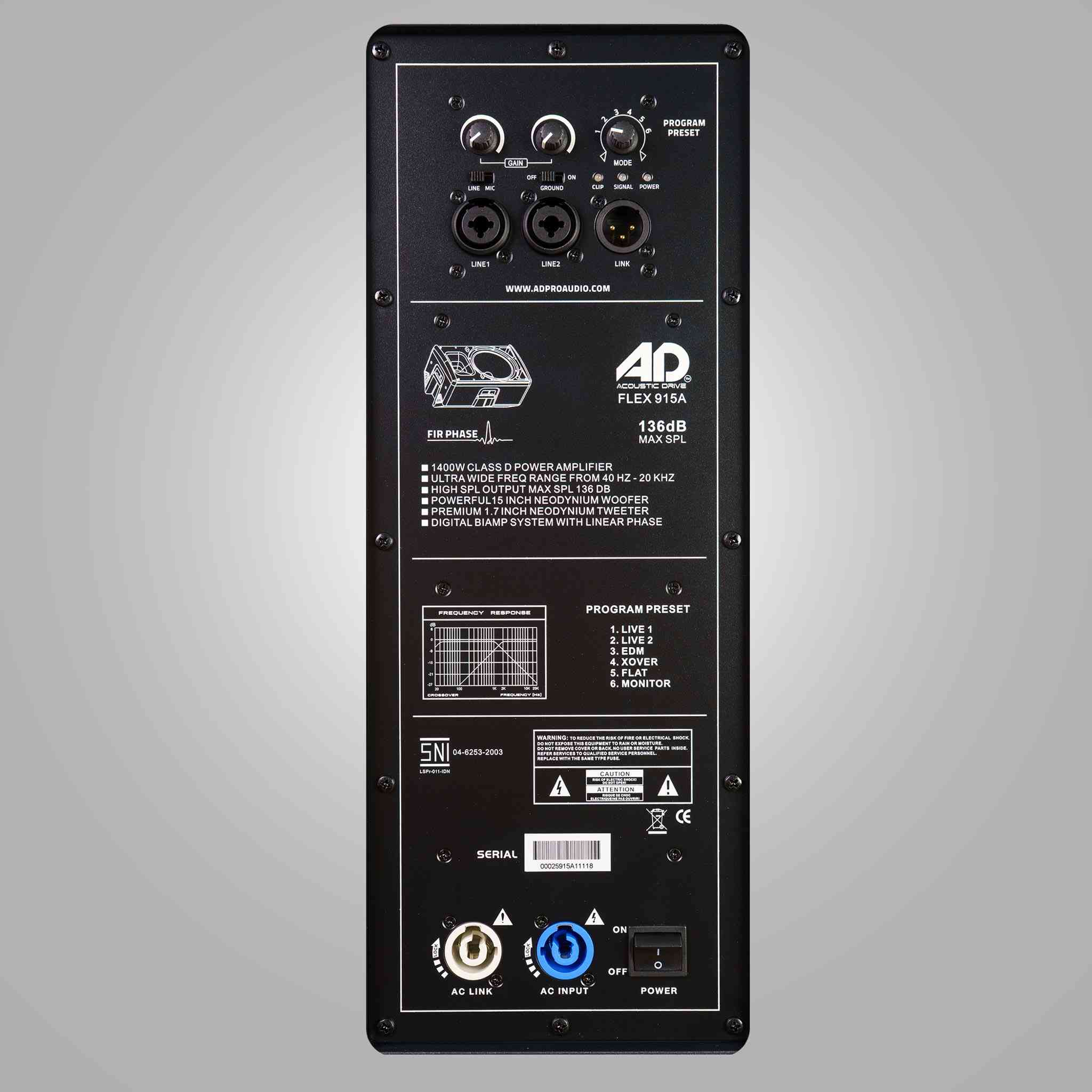 • 136dB Max SPL.                                 AD سماعات شركة  
• 15" neowoofer + 1.7" neo high driver
• 3-inch voice coil
• 40Hz-20 Khz Frequency Response
• 1400 Watt RMS amp module
• Connection: XLR
• 18.6kg (net), 21.8kg (gross) Weight


**إذا كنت صاحب هذا الإعلان وتريد حذفه لأي سبب، رجاءا أرسل رسالة إلى الدعم الفني**