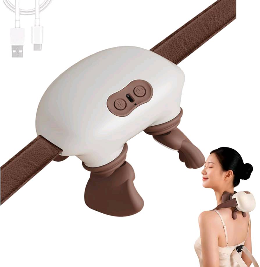 جهاز Oio Neck Massager الموضح في الصورة هو جهاز تدليك لاسلكي مصمم خصيصاً لمنطقة الرقبة والأكتاف. يتميز الجهاز بتصميم رؤوس تدليك تحاكي ملمس "الأصابع البشرية" لتوفير تجربة تدليك عميقة للأنسجة (Deep Tissue) تساعد في تخفيف توتر العضلات وتيبس الرقبة. 
 المواصفات الأساسية للجهاز: 
وظيفة التدفئة (Heating function): يوفر الجهاز حرارة ثابتة (غالباً ما تكون حوالي 42 درجة مئوية) لتعزيز الدورة الدموية وزيادة فاعلية التدليك. 
Amazon.ae
Amazon.ae
 +1
3 سرعات تشغيل: يمكن الاختيار بين ثلاث مستويات مختلفة من السرعة والقوة لتناسب احتياجاتك. 
Dumyah.com
Dumyah.com
 +1
أحزمة ثابتة (Fixed straps): تصميم يسمح بارتداء الجهاز وتثبيته حول الرقبة بشكل مريح، مما يجعله مناسباً للاستخدام "بدون استخدام اليدين" في المنزل أو المكتب. 
Amazon.com
Amazon.com
 +1
نوع الشحن (Charging type): يتم شحنه عبر منفذ USB Type-C، وهو المعيار الحديث والأكثر شيوعاً.
