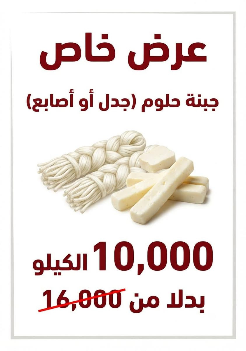 🔥 عروض المنتجات السورية الأصلية… جودة وطعم لا يُقاوم! 🔥
نقدم لكم تشكيلة واسعة من أجود المنتجات السورية بأسعار مميزة لفترة محدودة ✨
منتجات مختارة بعناية بنكهة حلبية أصيلة لتضيف لطبخكم طعمًا لا يُنسى.
🧀 الأجبان السورية
جبنة شلل / فراشي: الكيلو 10,000 بدل 16,000
جبنة حلوم (جدل أو أصابع): الكيلو 10,000 بدل 16,000
أجبان عربية قطع (نوع أول): الكيلو 5,000 بدل 8,000
🫒 الزيوت والمقبلات
زيت زيتون عفريني أصلي، عصرة أولى على البارد: 1 لتر 10,000 بدل 14,000
محمرة سورية بيتوتية نوع أول: الكيلو 5,000 بدل 8,000
زيتون سوري أخضر وأسود، عطون، ومحشي: 5,000 بدل 6,000
طحينة سورية نوع أول: الكيلو 5,000 بدل 8,000
🍫 الحلويات والمكسرات
شوكولا سورية بالمكسرات والكريمة: 10,000 بدل 15,000
جوز أمريكي بالقشر نوع أول: الكيلو 5,000 بدل 6,000
زبيب أصفر نوع أول: الكيلو 5,000 بدل 7,000
حلاوة البرج الممتازة 350غ: 4,000 بدل 6,000
راحة سورية بالفستق العبيد: 4,000 بدل 6,000
🥛 منتجات متنوعة
حليب أجنبي فل نوع أول: الكيلو 5,000 بدل 8,000
جميع أنواع البنة المدعبلة 500غ (بالزيتون ، سادة، المكدوس، الفلفل وغيرها): 4,000 بدل 6,000
ملوخية سورية بيتوتية: 4,000 بدل 5,000
بزر مصري وبزر شمس شيركو: ابتداءً من 4,000
فريكة سورية نوع أول: 3,000 بدل 4,000
حمض الحصرم: 3,000 بدل 5,000
زعتر الحمدو الممتاز 500غ: 3,000 بدل 5,000
شوفان أبيض أصلي: 3,000 بدل 4,000
ملح الليمون الطبي: الكيلو 3,000 بدل 5,000
☕ مواد أساسية بأسعار مميزة
متة سورية بجميع أنواعها: 2,000
سميد سوري ممتاز: الكيلو 2,000 بدل 3,500
رز محمود: الكيلو 2,000 بدل 2,500
نشاء ذرة أصلي: الكيلو 2,000 بدل 3,000
سكر: الكيلو 1,000 بدل 1,500
مصاص المتة الأصلي: 1,000 بدل 1,500
سردين مغربي: 1,000 بدل 1,500
نان قيسي شقلاوة 1000 بدلا من 1500
خل تفاح طبيعي ب 4000 بدلا من 5000
☀️ كريم واقي الشمس الفرنسي الأصلي لاكوشت:
فقط 5,000 بدل 15,000
شامبو او بلسم تركي اصلي ضد تساقط الشعر  ب4000 بدلا من 6000
🗯 منظفات
مسحوق غسيل بشرى ٢كغ ب 3000بدلا من 6500
سائل غسيل بشرى ٢ لتر ب 3000 بدلا من 6500
سائل غسيل بشرى ١ لتر ب 1500 بدلان من 4000
عملاق 1000 بدلا من 1500
معجون جلي  بشرى 1000 بدلا من 2000
🌿 وكل أنواع البهارات والأعشاب السورية متوفرة لدينا بجودة مميزة
نكهة أصلية… رائحة شهية… وجودة تفرق في كل طبخة ❤️
✨ اختاروا الطعم السوري الأصيل… وخلو أكلاتكم تحكي عن الجودة. ✨
عنوان: بنج حصروك خلف شقق نيروز جانب مول سامان شيخاني 
للتواصل : ***********
