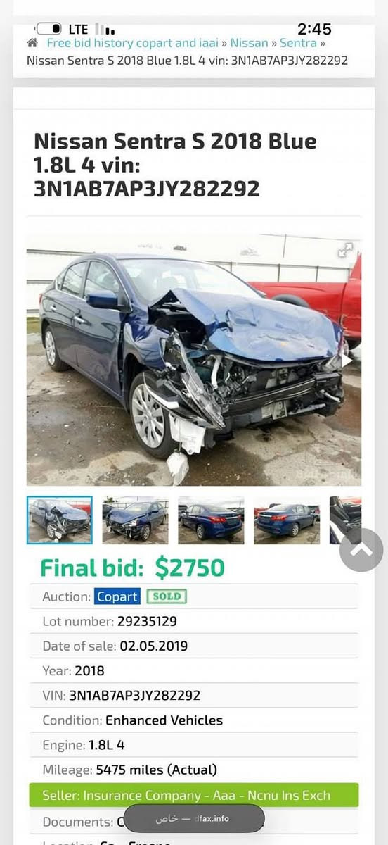 السلام عليكم نيسان سنترا مديل 2018 وارد امريكي بصره باسمي تحويل مباشر البدي مامكفول وحط صوره الحادث وسونار بلازحمه اقره سونار واتصل وبلخدمه مكينه 1800 كير و تبريد ودتدفئه مكفولات سياره ماشيه 129 الف قابله للزياده حداديه جاهزه كهربائيات كلها شغاله مابيها اي نقص 
السعر 100$ وبيها مجال قليل 
للتواصل ***********
