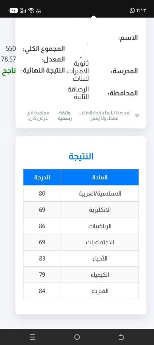 السلام عليكم نبدأ نستقبل الدور الثاني والدور التكميلي
هذه بعض النتائج الي حصلو على درجات النجاح بالثالث المتوسط 
جميع المواد ماعدا الأنكليزي


**إذا كنت صاحب هذا الإعلان وتريد حذفه لأي سبب، رجاءا أرسل رسالة إلى الدعم الفني**