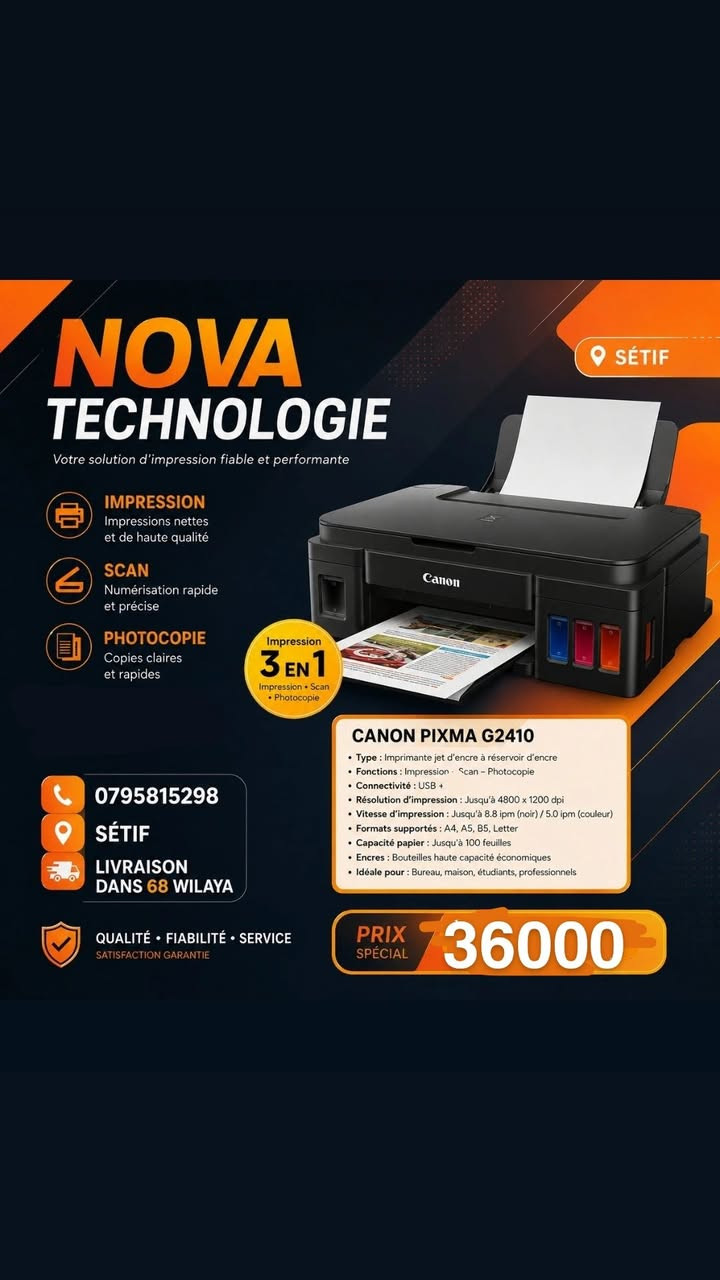 🖨️ متوفر طابعات Laser و Jet d’encre بأحسن الأسعار

تحوس طابعة بلا مشاكل حل عند✨ nova technologie✨ 
🎯 عندنا الحل لكل استعمال، سواء للمكتب أو المنزل!
✔️ طابعات Laser سريعة واقتصادية للطباعة الكثيفة
✔️ طابعات Jet d’encre بجودة عالية للألوان والصور
✔️ تشكيلة من أفضل الماركات: Canon | HP | Kyocera
✔️ نعاونك تختار الطابعة المناسبة حسب احتياجك
🎯 مناسبة لـ:
📚 الطلبة والدراسة
🏢 المكاتب والشركات
🧾 الفواتير والتجارة

📦 متوفر بالجملة و بالتجزئة
🚚 توصيل متوفر لجميع ولايات الوطن

📞 للطلب أو الاستفسار:
0795815298

📍 ولاية سطيف بلدية سطيف


**إذا كنت صاحب هذا الإعلان وتريد حذفه لأي سبب، رجاءا أرسل رسالة إلى الدعم الفني**