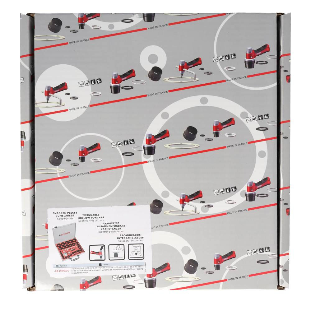MODEL 1   /    BOEHM - JLB259PACC
MODEL 2   /    BOEHM - JLB260PACC
           [   Made in France  🇫🇷   ]
 ==========================
1ـ مجموعة مكونة من ( 34 ) مثقاب اسود مقوى قابل للتبديل والتركيب تستخدم لقطع الحاشيات أو الحبيبات أو الحلقات المعدنية والمطاط حتى قطر ( 59 مم ) ٠
 2ـ اسطوانة فضية تثبت عليها المثاقب السوداء بسهولة بالغة بفضل نظام التثبيت المريح ٠٠
ويمكن تثبيت اكثر من مثقاب معا لعمل حلقة ( واشر ) في عملية واحدة وكما موضح في الفيديو التعليمي ٠
3ـ اداة قطع اضافية على شكل حرف ( L ) حتى ( 420 مم ) ( 42 سم ) تحتوي على شفرة فولاذية حادة جدا لقطع دقيق وعالي الأداء ودبوس تمركز فولاذي وكما موضح في الصور المرفقة  ٠
4ـ قبضة حمراء برأس طرق فولاذي عالي الأداء ومريح وآمن ليطيل عمر الأداة، ونظامها الحاصل على براءة اختراع والذي يمتص الاهتزازات ويوفر راحة حقيقية للمستخدم ٠

المحتويات :-    (  42 قطعة  ) 
======================
1ـ ( 34 ) مثقاب اسود مقوى ٠ 
2ـ مقبض احمر برأس فولاذي ٠
3ـ اسطوانة فضية ٠
4ـ اداة قطع على شكل حرف ( L ) ٠
5ـ شفرة فولاذية ٠
6ـ دبوس تمركز فولاذي لتحديد مركز القطع بدقة والقابل للسحب والتمركز  ٠ 
7ـ صندوق معدني مطلي ٠
8ـ كارتون اصلي ٠
9ـ مفتاح ( ألينكي ) لاستبدال الشفرة بسرعة ٠
10ـ مسطرة قياس مطبوعة على العلبة لضبط قطر القطع ٠

يتضمن الموديل الاول ( الفردي ) :- 
مثاقب سوداء تبدأ من ( 2 - 59 ) ملم
02-03-04-05-06-07-08-09-10 )
11-13-15-17-19-21-23-25-27
29-31-33-35-37-39-41-43-45
ملم  ( 47-49-51-53-55-57-59 
مع كافة الملحقات الموضحة بالصورة تماما ٠٠٠

يتضمن الموديل الثاني ( الزوجي ) :- 
مثاقب سوداء تبدأ من ( 2 - 60 ) ملم
02-03-04-05-06-07-08-09-10 )
12-14-16-18-20-22-24-26-27
30-32-34-36-38-40-42-44-46
ملم  ( 60-58-56-54-52-50-48 
مع كافة الملحقات الموضحة بالصورة تماما ٠٠٠

الوزن  (  5.6 كجم  )
ألابعاد (  38x 33 x 5.5  ) سم

    متوفر (((( قطعة واحدة فقط ))))) ٠٠٠
                  استيراد خاص ٠

للتواصل على الهاتف أو ألواتساب حصراً ٠٠
         هـ   {  267 969 07702 }
    يتوفر توصيل لكافة المحافظات بغداد, العراق

