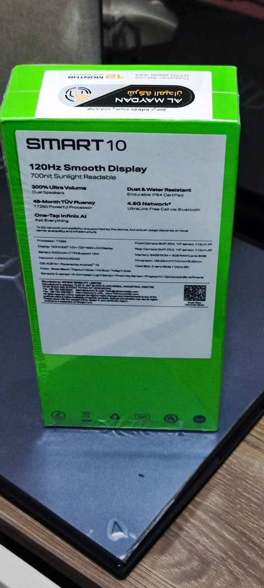 الجهاز جديد وغير مستخدم بالنايلون
اللون تايتينيوم سيلفر 
Unisoc T7250 المعالج 
5000 mAh |15W البطارية
6.67"|LCD 120Hz HD+ الشاشة
64GB I 3GB الرام / الذاكرة 
8MPالكاميرا الأمامية 
8MPالكاميرا الخلفية موصل, نينوى


**إذا كنت صاحب هذا الإعلان وتريد حذفه لأي سبب، رجاءا أرسل رسالة إلى الدعم الفني**