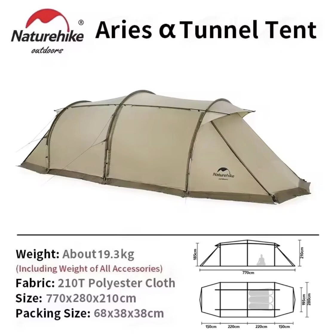السلام عليكم للبيع خيمة من ماركة Naturehike Aries Alpha Tunnel Tent  اللون زيتوني 
(طراز NH22YW004)، وهي خيمة نفقية عائلية فاخرة ومترامية الأطراف مصممة لتتسع لـ 4 إلى 6 أشخاص. 
تتميز بمساحتها الداخلية الضخمة ونظامها العملي الذي يقسم المساحة إلى غرفة نوم وصالة جلوس واسعة.
الأبعاد الهيكلية الأبعاد عند النصب: الطول 770 سم × العرض 280 سم × الارتفاع 210 سم.
أبعاد الحقيبة : 68 سم × 38 سم × 38 سم.
الوزن الإجمالي: حوالي 19.3 كجم (شاملاً الخيمة وجميع ملحقاتها وحقيبة التخزين).
خامة القماش الخارجية: بوليستر 210T متين ومقاوم للتمزق.
مستوى مقاومة الماء: PU2000mm، مما يجعلها قادرة على الصمود بامتياز في ظروف الأمطار الغزيرة والمتوسطة.
الحماية من الشمس: تدعم تقنية UPF50+ لحجب الأشعة فوق البنفسجية الضارة وتقليل الحرارة الداخلية.
تواصل خاص او *********** واتساب
