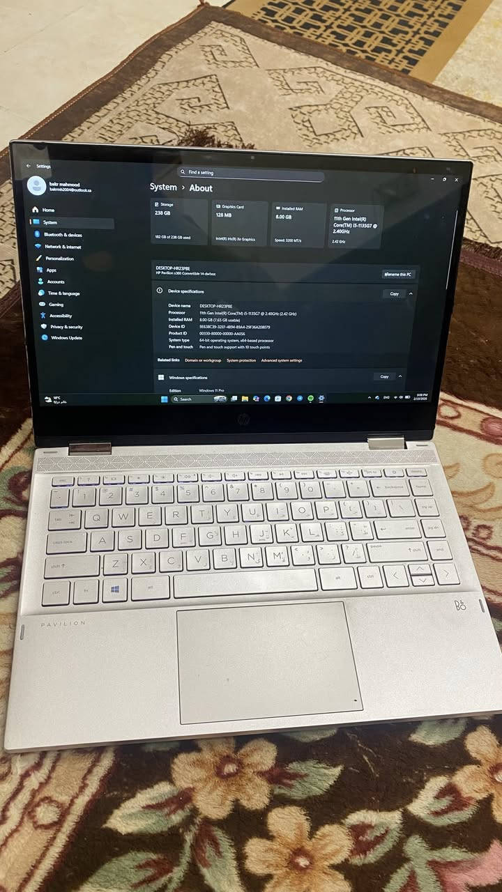 سلام عليكم لابتوب HP Pavilion x360 نظيف جداً (قلاب 360 درجة + لمس)
المواصفات:
المعالج: Core i5 جيل 11 (أداء سريع جداً) •
الذاكرة (8 :(RAM جيجا •
الهارد: 256 جيجا SSD •
الحالة: نظيف جداً (أخو الجديد) بطارية ممتازة •
الملحقات: الشاحن الأصلي + حقيبة+ماوس •
حجم الشاشه 14 إنج (14-inch)•
السعر: 475,000 دينار وبي مجال مكاني بغداد الشرطه الخامسه رقمي :***********
