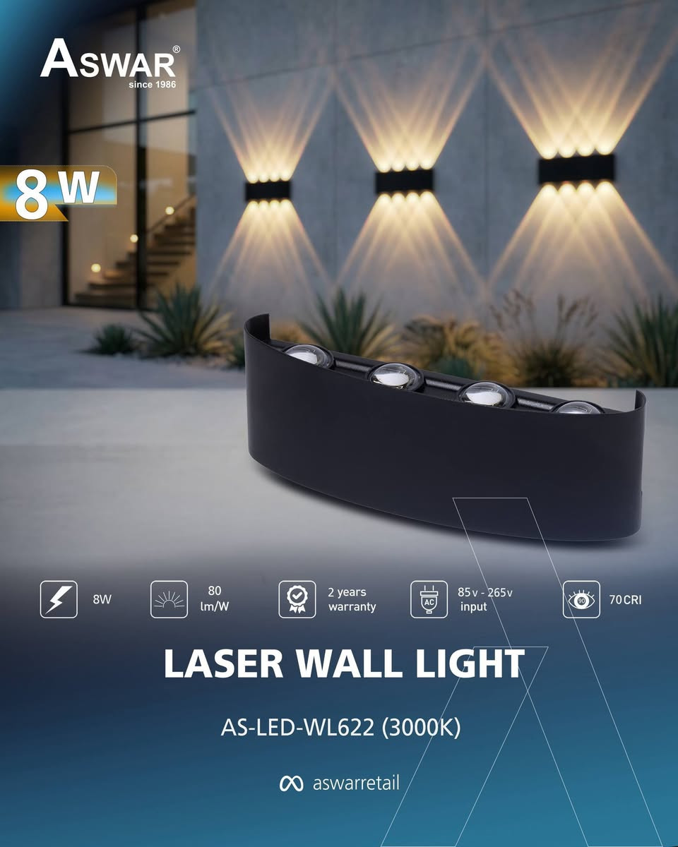 سر أناقة البيت يبدي من الإنارة! 💡✨

حاس حياطين بيتك ناقصها لمسة فخامة؟
جبنالك البراكيت الجداري الليزري، الّي يتميز بـ:
• 🌟 إضاءة تنطي دفا: لونه شمسي (3000K) ينطي راحة نفسية وجمالية تخبل للمكان ويبرز الديكور.
• ⚡ يتحدى الكهرباء: لأن نعرف وضع الكهرباء، هذا البراكيت يشتغل على رينج فولتية (85v-265v)، يعني ويه كل صعدات ونزلات الكهرباء هو شغال وبكفاءة!
• 💎 جودة عالية: LEDs ذو جودة وكفاءة عالية مع قابلية تشتيت عالية للحرارة.
• 🤝 حقك محفوظ: تاخذه وأنت متطمن، بي ضمان تبديل حقيقي لمدة سنتين من تاريخ الشراء.
بيتك يستاهل الأحلى.. اطلب هسة وخلي بيتك ينور بأحلى إنارة! 🤩

نحيطكم علمًا بوجود أسعار خاصة للموزعين وأصحاب المحلات التجارية.
***********
