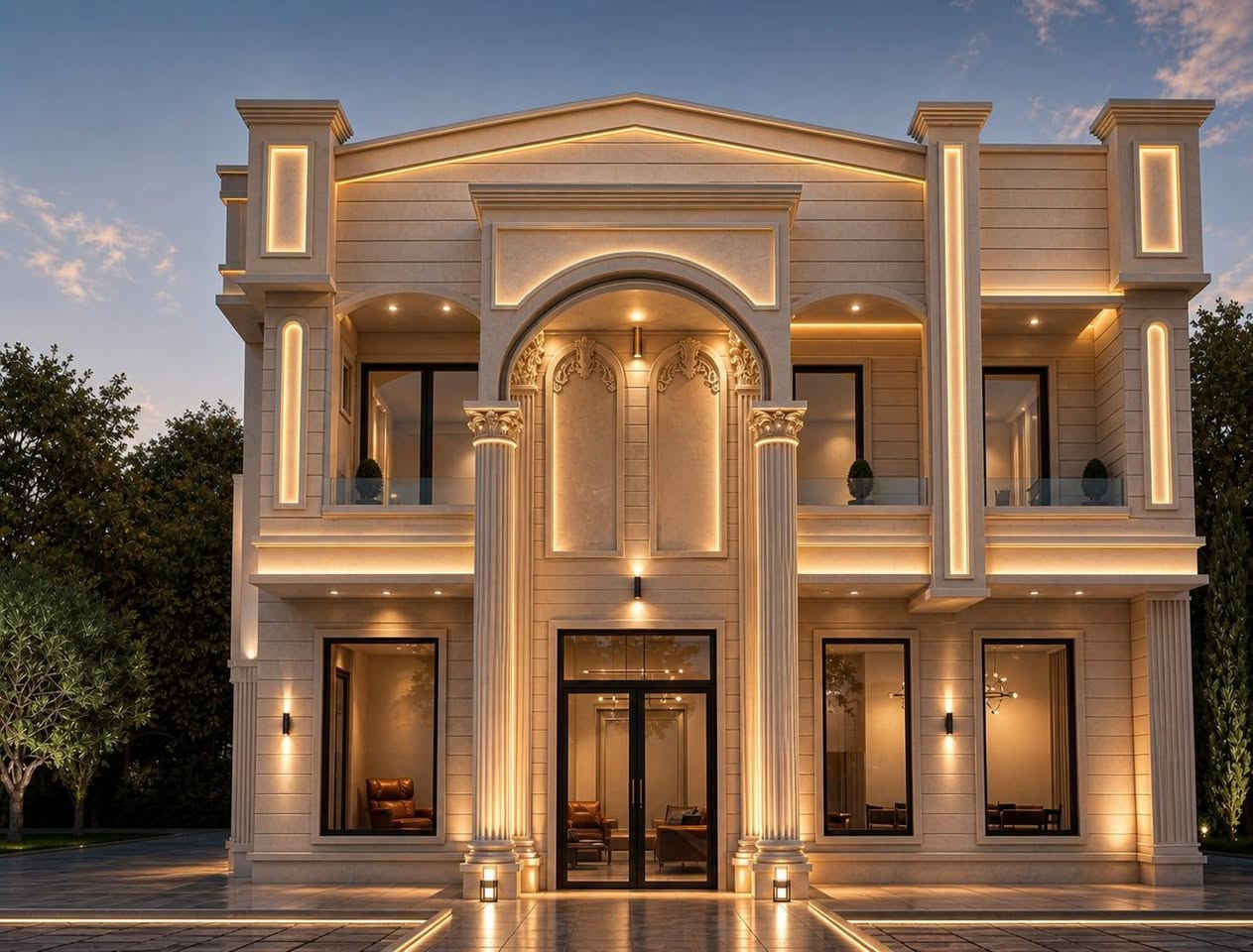 بعد الإشراف المستمر والعمل الدؤوب، نـُشارككم النتيجة النهائية لدار السيد (خميس محمود عناد - أبو عمر) المحترم.
​.... أبعاد المنزل: 13.85م × 17.70م
..... الطراز المعماري: نيو كلاسيك (Neoclassical) ساحر يدمج بين عراقة الأعمدة  والزخارف الطولية، مع لمسات عصرية عبر الواجهات الزجاجية الواسعة والإضاءة الجدارية المخفية التي تبرز جمالية الحجر.
​....... التوزيع الداخلي الذكي الموزع على طابقين:
​الطابق الأرضي: استقبال فخم بمدخل مستقل، صالة جلوس واسعة يتوسطها سلّم دائري حلزوني يضفي لمسة ملكية، مطبخ متكامل بنظام (حار/بارد)، وغرف نوم مريحة مع الخدمات.
​الطابق الأول: صالة إضافية، غرف نوم واسعة ملحقة بشرفات (بالكونات) ذات إطلالة مفتوحة، بالإضافة إلى مخزن وتراس خارجي كبير.
... ​الاهتمام بالتفاصيل واستغلال المساحات هو سر تميزنا.
للتواصل والاستفسار (واتساب / اتصال):
📞 ***********. 
​#تصميم_معماري #نيو_كلاسيك #تجهيز_وتنفيذ #مخططات_هندسية #واجهات_حجر #مخططات 
#المتابعين
