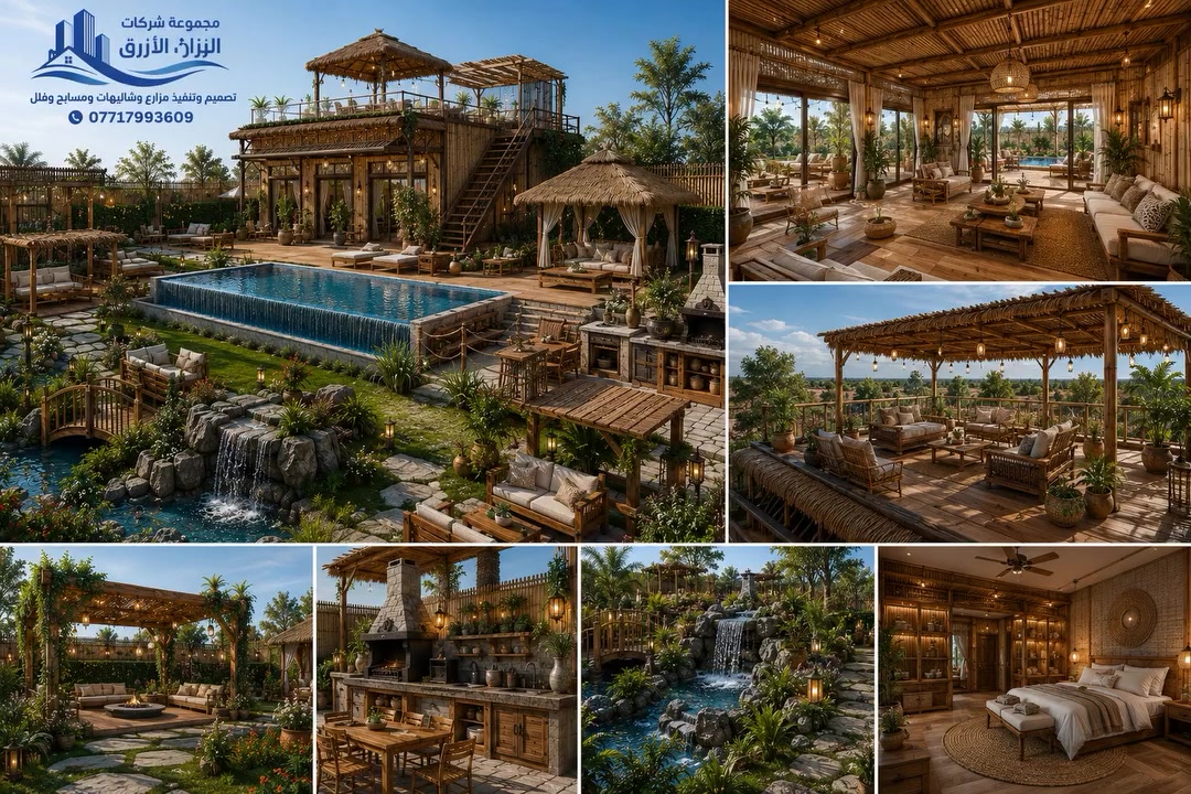 🌾 شاليه استثنائي مصنوع بالكامل من القصب والخشب... حيث تلتقي أصالة الطبيعة مع فخامة التصميم العصري.

إذا كنت تبحث عن تجربة مختلفة تنقلك إلى أجواء الراحة والهدوء، فهذا المشروع صُمم ليكون تحفة معمارية مستوحاة من الطبيعة، باستخدام أجود أنواع القصب والخشب بتفاصيل هندسية راقية ولمسات فاخرة.

✨ مكونات المشروع:
🏡 بيت بمساحة 150 م² مصنوع بالكامل من القصب والخشب بتصميم فاخر وتشطيبات طبيعية مميزة.
🌴 جلسات خارجية متعددة ومضلات قصب بتصاميم أنيقة.
🏊 مسبح أوفر فلو قياس 10×5 متر يمنح المكان لمسة من الفخامة.
🔥 ركن باربكيو متكامل للشواء.
💦 شلالات وديكورات حجرية مع تنسيق لاند سكيب احترافي.
🪵 جلسات خشبية موزعة في أنحاء الحديقة وسط أجواء طبيعية ساحرة.
🌿 سطح مميز يحتوي على جلسة ومضلة من القصب بإطلالة رائعة.
🚪 سياج يجمع بين العشب الصناعي والقصب ليمنح المشروع خصوصية وأناقة استثنائية.

مجموعة شركات الزلال الأزرق تقدم لكم خدمات تصميم وتنفيذ المزارع، الشاليهات، المسابح، والفلل بأحدث التصاميم وأعلى معايير الجودة، مع تنفيذ متكامل وتسليم جاهز وفق أعلى المواصفات.

📍 موقعنا: بغداد – المنصور – ساحة اللقاء.
🚚 نعمل في جميع محافظات العراق.
📞 للاستفسار والحجز: ***********

مجموعة شركات الزلال الأزرق
تصميم وتنفيذ مزارع وشاليهات ومسابح وفلل
