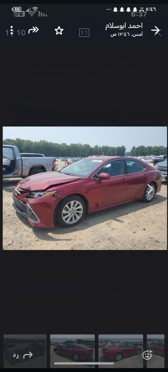 سلام عليكم 
تويوتا كامري 2022 فئة LE وارد امريكي رقم صلاح الدين 
ضرر السياره موضح بلصور بدون صبغ بس بارد 
السياره جاهزة من جميع النواحي السياره ماشيه 66 ميل
مواصفات السياره 
سويج
شاشة كبيره    
تحكمات استيرن
تحديد مسار 
 3 انظمة قيادة(دبل ايكو _نورمال _سبورت)
مثبت سرعه 
شاشة ابل كاربلي 
رادار امامي 
توقف ذاتي (مانع تصادم )
وبقية المواصفات معروفه
مكاني صلاح الدين للاستفسار 
الرقم ***********.         السعر 192 وبيها مجال
