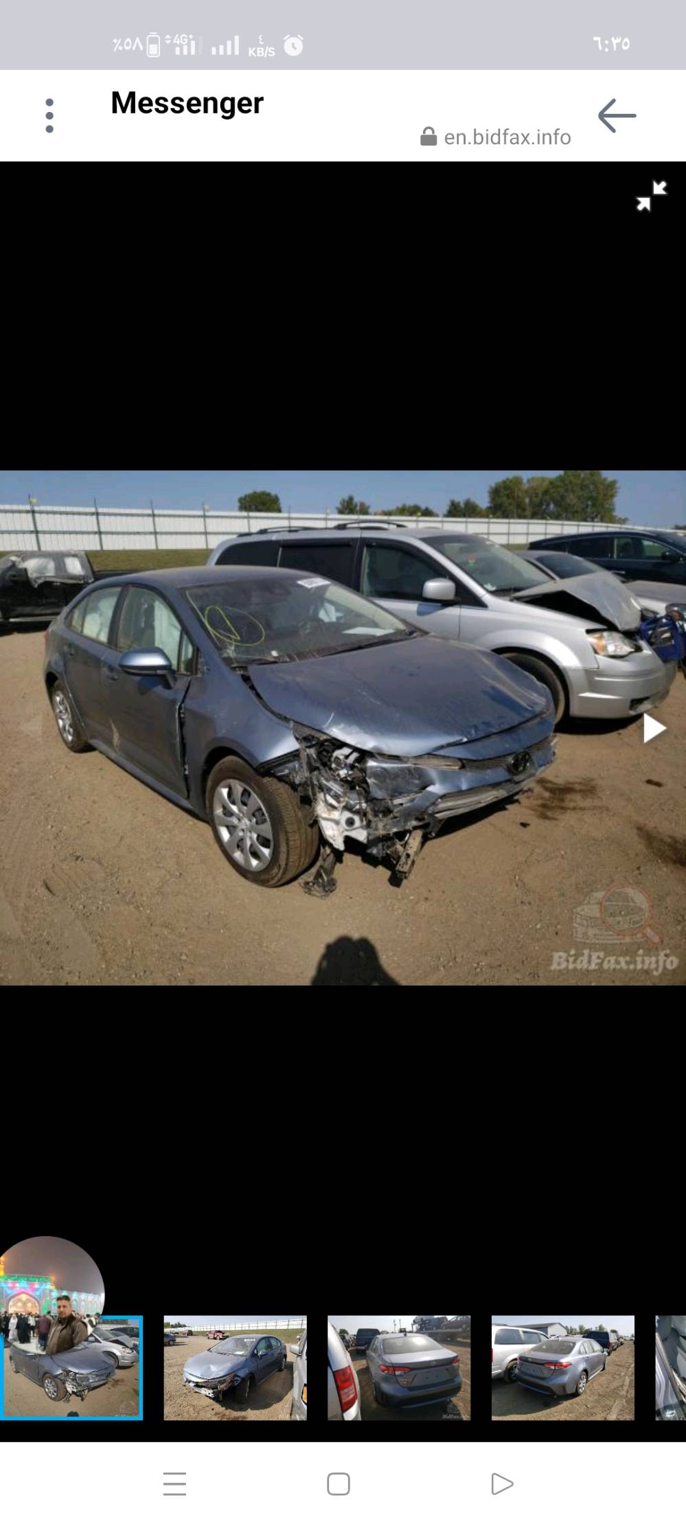 سيارة تويوتا كورولا موديل 2020 باللون الأزرق معروضة للبيع. السيارة بها ضرر في المقدمة الأمامية نتيجة حادث. المسافة المقطوعة موضحة في الصورة وهي 236,152 كم. السيارة تحتاج بعض الإصلاحات في الجهة الأمامية ولكن باقي أجزاء السيارة بشكل عام بحالة جيدة كما توضح الصور.