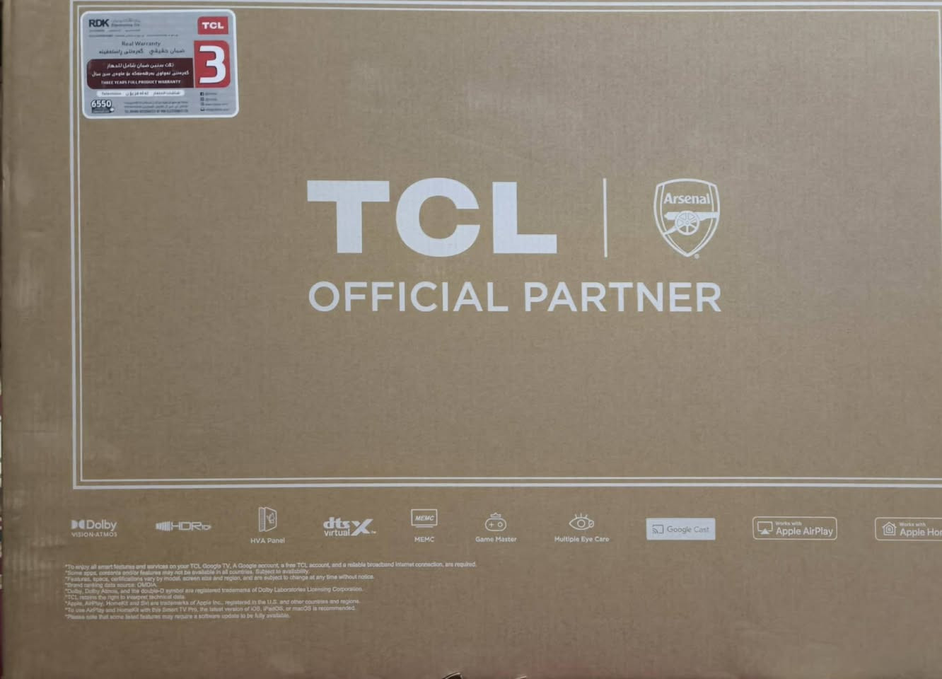 موصل حي العربي
المواصفات الأساسية:
الدقة: 4K UHD (3840×2160)
نوع الشاشة: LED
نظام التشغيل: Google TV أو Fire TV (حسب النسخة)
تدعم: HDR10 / HLG
معدل التحديث: 60Hz
المعالج: AiPQ (معالجة صورة TCL)
الصوت: Dolby Audio
مخارج HDMI: عادة 3 منافذ
واي فاي + بلوتوث: نعم
بث أرضي رقمي DTV / DVB-T2: موجود في أغلب النسخ
وضع الألعاب (Game Mode / ALLM): حجم 50
نوع TCL.
ستلايت 
نايلسات + بث أرضي رقمي + انترنت


**إذا كنت صاحب هذا الإعلان وتريد حذفه لأي سبب، رجاءا أرسل رسالة إلى الدعم الفني**