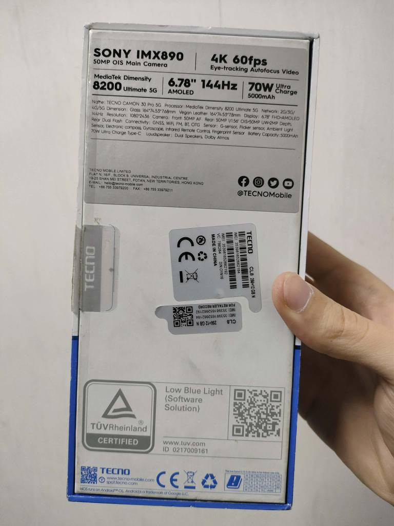 Tecno Camon 30 Pro 5G
 فرۆشتن و گۆرینەوە
                                       نرخ  245 هەزار
 زۆر پاک و بێشوخت 
کامل ئەشیا 
 قەبارەی ڕوونما : "6.78
جۆری ڕوونما : AMOLED
نوێبوونەوەی ڕوونما : 144Hz
ڕام : 12GB+12
بیرگە : 256GB
چارەسەرکەر : Dimensity 8200 Ultimate
pubg:90_120  fps
 کامێرای سەرەکی : 50MP.  ڤیدیۆ  4k .60fps
 کامێرای سێڵفی : 50MP. ڤیدیۆ 4k.  60fps
 پاتری : 5000mAh
 توانای بارگاویبوونەوە :70 وات

*********** دخان, السليمانية
