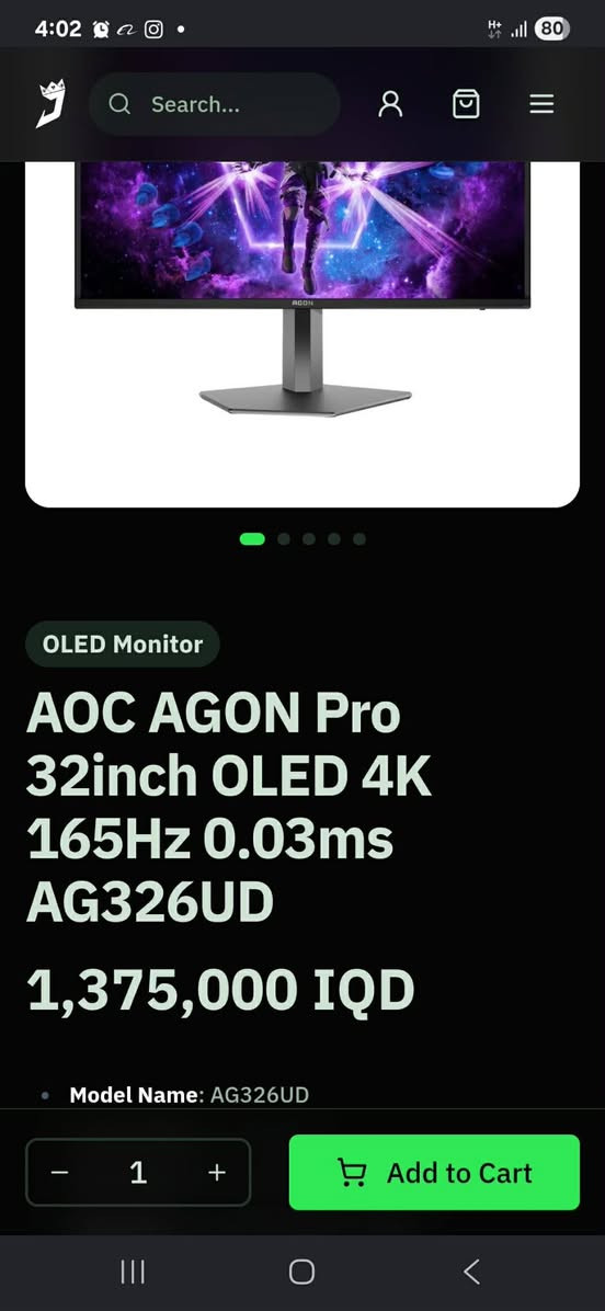 4K  AOC AGON Pro AG326UD
4K AOC 165HZ QD-OLED
حجم 32       زمن استجابه 0.03 كلش سريعه ودقه عاليه  
مكاني بصره بيع داخل بصره بقيه محافظات  اذا عندك احد يستلمها هلا بي  تواصل مازنجر او  *********** مستخدم **
