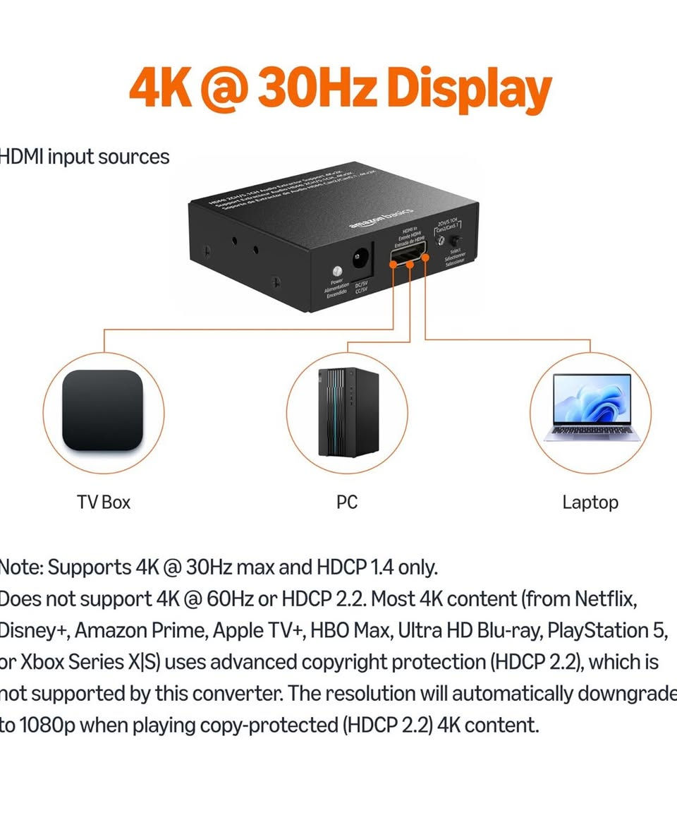 السلام عليكم
قطعه من انتاج امزوون 

شباب قطعه تخبل  بالكارتون 

التفاصيل من الموقع 

لعلامة التجارية Amazon Basics
صندوق محول صوت HDMI إلى HDMI في غطاء معدني متين
يدعم أجهزة مصدر HDMI بدون مخرج صوت مخصص
يدعم قناتين من اليسار واليمين أو مخرج ستيريو اس بي دي اي اف وصوت غير مضغوط ومضغوط
يدعم دقة فيديو تصل إلى 4 كيه؛ 8 بت 4 كيه (30 هرتز)، 12 بت 1080 بكسل (60 هرتز)، أو 12 بت 720p/1080i (60 هرتز)، بالإضافة إلى تنسيقات ثلاثية الأبعاد
متوافق مع الأجهزة مثل بلو راي ومشغلات دي في دي/اتش دي/دي في ار، والكابل/الأقمار الصناعية، وبلاي ستيشن 3/4، واكس بوكس، والكمبيوتر الشخصي/اللابتوب، وكاميرات HD وغيرها الكثير


**إذا كنت صاحب هذا الإعلان وتريد حذفه لأي سبب، رجاءا أرسل رسالة إلى الدعم الفني**