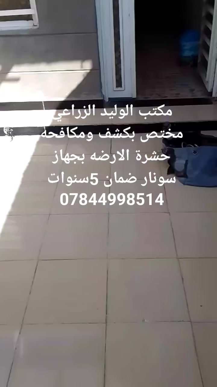 تخلص الان من حشرة الارضه 
وأمن مكانك (بيت - دائرة - مجمعات سكنية ) مع مكتب الوليد الزراعي 
لان اكيد تعبت من البيجات والمكاتب والشركات الوهمية 
شركتنا رسمية وتاسست سنة 2008

بواسطة الجهاز الاول في العراق  متوفر حصرا لدى جميع فروعنا 
غازي بدون تثقيب للاماكن الكونكريتية 
وجهاز السونار (T3i) الأسترالي

 الجهاز مميز للكشف عن مواقع مستعمرات وجود حشرات الارض.
يساعد الجهاز على تجنب  الضرر اثناء عمليات التنقيب عن الحشرة والقيام بالتثقيب العشوائي وحفر الخنادق وغيرها والتي تسبب خسائر مادية أكبر

سارع الان باتخاذ القرار الصحيح وتخلص من حشرة الأرضة
فروعنا متوفرة بكل بغداد وتكدرون تزورونا 

الفرع الرئيسي بغداد 

للأستفسار اكثر :
☎️***********
