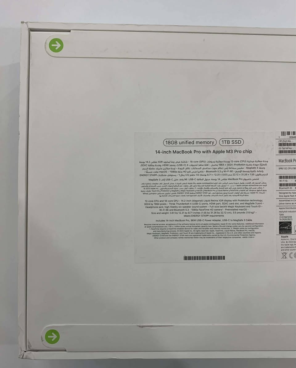 💻Macbook pro M3 pro 2023 New
⬛14 inch
🔴1 TB hard
🔴18 GB RAM
⚫Space Black color
➡️Guaranteed one year from Apple
🚛We deliver to all iraq
For more informations call *********** or by messenger
