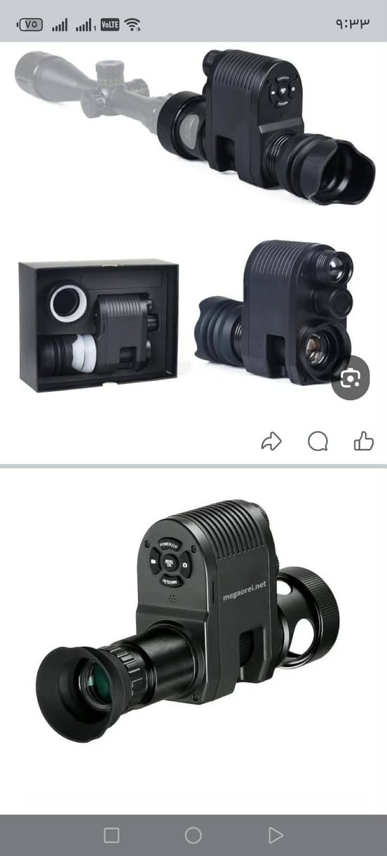 سلام عليكم عندي الرؤية الليلية والتصوير
دقة الفيديو: 1280 × 720 بكسل (HD) [1, 5].
كشاف الأشعة تحت الحمراء: مدمج بقوة 5 واط وطول موجي 850 نانومتر، وهو غير مرئي للعين البشرية أو الحيوانات [1, 5].
مدى الرؤية: يمنحك رؤية واضحة في الظلام الدامس لمسافة تتراوح بين 200 إلى 300 متر [5, 30].
وضع النهار والليل: يعرض صوراً ملونة في النهار، وصوراً بالأبيض والأسود في الليل عند تفعيل الأشعة تحت الحمراء [12].

التخزين: يدعم بطاقات الذاكرة (TF Card) حتى 32 جيجابايت لتسجيل مقاطع الصيد [1, 15].

التركيب: يأتي مع حلقات توصيل بأقطار مختلفة (مثل 42 ملم، 45 ملم، و47 ملم) ليناسب معظم المناظير المتوفرة [24].
البطارية: يعمل عادةً ببطارية واحدة من نوع 18650 (قابلة لإعادة الشحن) [1].


**إذا كنت صاحب هذا الإعلان وتريد حذفه لأي سبب، رجاءا أرسل رسالة إلى الدعم الفني**