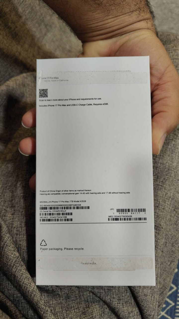 ايفون 17 برو ماكس باب ثاني تجميع صيني استخدام 3 ايام فقط 
للبيع 150 الف 

للتواصل : ***********
