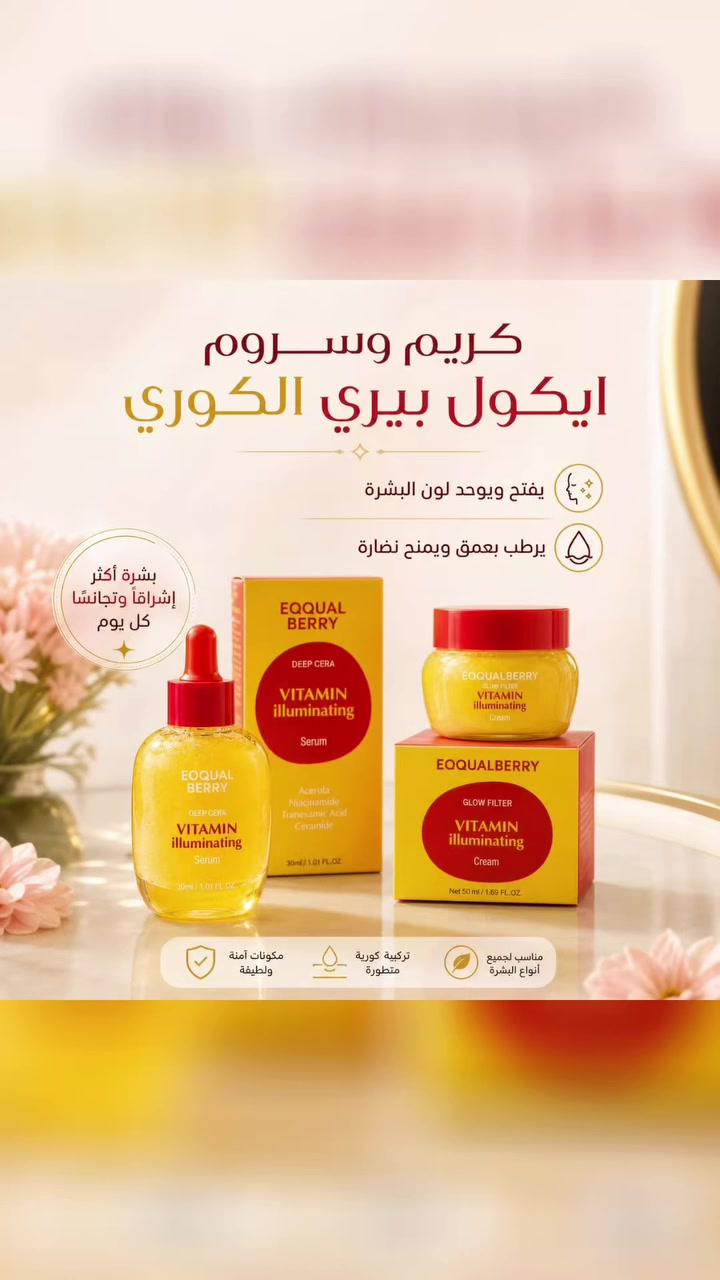 عرض ايكوال بيري الأصلي (كريم + سيروم) 🇰🇷 ✨
إذا تدورين على تفتيح، ترطيب، وتوحيد لون البشرة فـ هذا البكج هو الحل المثالي لبشرة صافية ومشرقة من أول استخدام 💛

 ليشتغل على:
✅ تفتيح البشرة وتقليل البهتان
✅ توحيد اللون والتخفيف من التصبغات والبقع
✅ ترطيب عميق بدون ملمس دهني
✅ تقوية حاجز البشرة وحمايتها
✅ تهدئة البشرة ومنحها نضارة صحية
✅ مناسب لكل أنواع البشرة حتى الحساسة
✨ السيروم يعالج التصبغات ويوحد اللون بعمق
✨ الكريم يرطب ويغذي ويثبت الإشراقة
 طول اليوم


**إذا كنت صاحب هذا الإعلان وتريد حذفه لأي سبب، رجاءا أرسل رسالة إلى الدعم الفني**