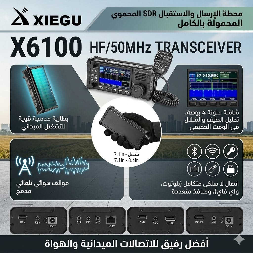 متوفر راديو .. ( SDR Xiegu X6100 ) .. ⚡️

جهاز Xiegu X6100 هو جهاز لاسلكي محمول متكامل (Transceiver) يعمل بنظام الراديو المعرّف برمجياً (SDR)، وهو مصمم خصيصاً لهواة اللاسلكي الذين يفضلون الاتصالات الميدانية والرحلات (QRP).

المواصفات الأساسية .. 

الباندات (النطاقات) التي يدعمها الإرسال

يغطي الجهاز الباندات التالية بالتفصيل:

باند 160 متر: (1.800 ~ 2.000 ميجاهرتز)

باند 80 متر: (3.500 ~ 4.000 ميجاهرتز)

باند 60 متر: (5.3515 ~ 5.3665 ميجاهرتز)

باند 40 متر: (7.000 ~ 7.300 ميجاهرتز)

باند 30 متر: (10.100 ~ 10.150 ميجاهرتز)

باند 20 متر: (14.000 ~ 14.350 ميجاهرتز)

باند 17 متر: (18.068 ~ 18.168 ميجاهرتز)

باند 15 متر: (21.000 ~ 21.450 ميجاهرتز)

باند 12 متر: (24.890 ~ 24.990 ميجاهرتز)

باند 10 متر: (28.000 ~ 29.700 ميجاهرتز)

باند 6 أمتار: (50.000 ~ 54.000 ميجاهرتز)

أنماط التشغيل الصوتية والتقليدية : 

SSB (Single Sideband)

USB (Upper Sideband)

LSB (Lower Sideband)

CW (Continuous Wave)

AM (Amplitude Modulation)

FM (Frequency Modulation)

الأنطمة والأنماط الرقمية (Digital Modes) .. 

بفضل احتوائه على بطاقة صوت داخلية ونظام تشغيل مدمج، يدعم الجهاز الاتصال بالكمبيوتر مباشرة عبر كابل USB لتشغيل الأنماط الرقمية الشهيرة مثل:

FT8 / FT4: الأنماط الأكثر شعبية حالياً للاتصالات بعيدة المدى وبطاقة منخفضة

.RTTY: نمط المبرقة الكاتبة اللاسلكية.PSK31 / PSK63: للمحادثات النصية المباشرة.WSPR: لاختبار انتشار الموجات وتغطية الهوائيات.

يحتوي على تيونر مدمج في الداخل : 

مواصفات مدمجة: يحتوي على مستقبل هوائي تلقائي (ATU) 

وبطارية ليثيوم مدمجة بسعة 3000 مللي أمبير.

اتصال لاسلكي: يدعم تقنيات الواي فاي والبلوتوث لتوصيل الفأرة، لوحة المفاتيح، أو سماعات الرأس.

يمتاز جهاز Xiegu X6100 بتصميم متين وهيكل مدمج مخصص للعمل الميداني الشاق (SOTA / POTA).

أبعاد وحجم الجهازالعرض: 

180 ملم (7.08 إنش).الارتفاع: 86 ملم (3.38 إنش).العمق: 49 ملم (1.92 إنش) [بدون احتساب الأزرار والبروز الخارجي].

الوزنالوزن الإجمالي: حوالي 880 جرام (1.94 باوند)، ويشمل هذا الوزن البطارية الداخلية ومستقبل الهوائي التلقائي (ATU)، مما يجعله خفيفاً جداً داخل حقيبة الظهر.

مواصفات الهيكل والتصميم مادة الصنع: 

الهيكل الخارجي مصنوع بالكامل من الألومنيوم الصلب والمقاوم للصدمات، مما يساعد أيضاً في تبديد حرارة الجهاز أثناء الإرسال.

الواجهة الأمامية: تحتوي على شاشة ملونة مقاس 4 بوصات بدقة 800×480 بكسل، محمية بطبقة تقاوم الخدوش الطفيفة.

المنافذ المحمية: تم توزيع المنافذ (مثل منافذ الـ USB، الهوائي، والميكروفون) على جانبي الجهاز لسهولة الوصول إليها وحمايتها أثناء وضعه بشكل عمودي أو أفقي.

السعر والتفاصيل خاص .. 

متوفر توصيل ..


**إذا كنت صاحب هذا الإعلان وتريد حذفه لأي سبب، رجاءا أرسل رسالة إلى الدعم الفني**