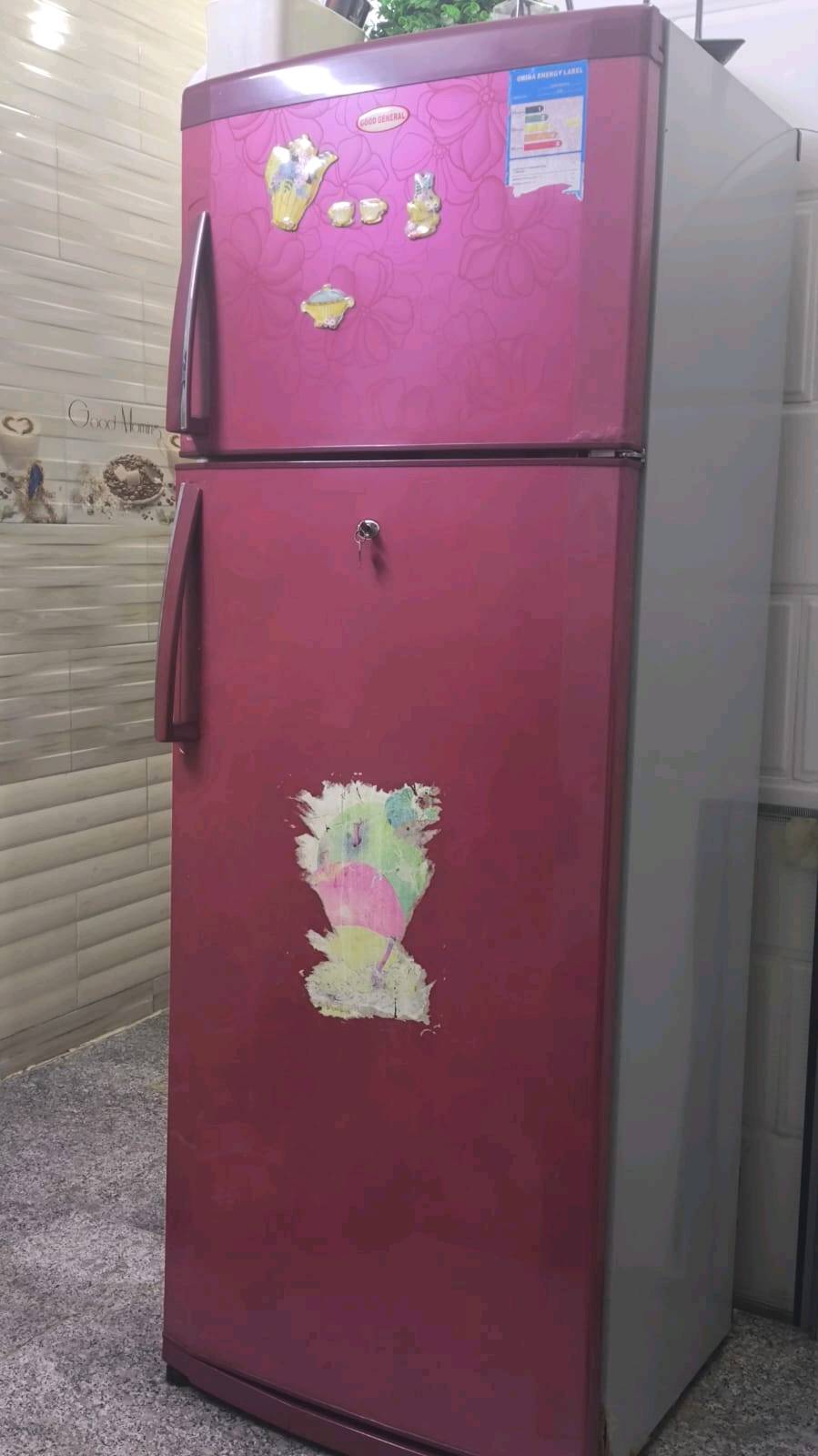 ثلاجة بحالة جيدة بلون وردي، مناسبة للمطبخ العصري. توفر مساحة تخزين واسعة وتأتي مع عدة رفوف لتنظيم الأطعمة والمتعلقات. التصميم الأنيق يضفي لمسة جمالية على مطبخك. مثالية للحفاظ على الأطعمة طازجة وصحية.