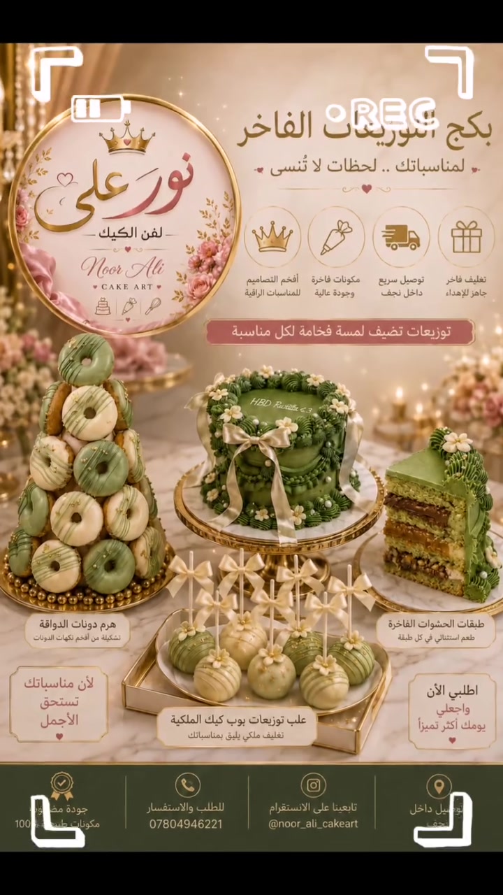 ✨ فخامة تُرى قبل أن تُذاق
👑 لأن مناسباتك تستحق الأفضل
💎 تفاصيل راقية... بطعم لا يُنسى
🎀 صُنع خصيصاً لأصحاب الذوق الرفيع
🌸 ليست مجرد حلويات... إنها تجربة فاخرة
✨ كل قطعة تحكي قصة من الأناقة
👑 لمن يبحث عن التميز الحقيقي
💖 نكهات فاخرة تليق بمناسباتك
🌟 الجودة التي تستحقها مناسبتك
🎂 مكونات فاخرة • تصميم راقٍ • طعم استثنائي
أو عبارة قوية جداً ومختصرة:
"الفخامة ليست خياراً... إنها نور علي"
وتحتها:
📞 ***********
🚚 توصيل داخل نجف
🍓 حشوات تركية درجة أولى
(نوتيلا • توفي • فراولة • لب الجوز)
