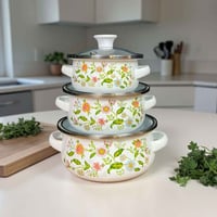 طقم قدور مينا ثلاثي • نقش ورد ملون • مناسب للشقق