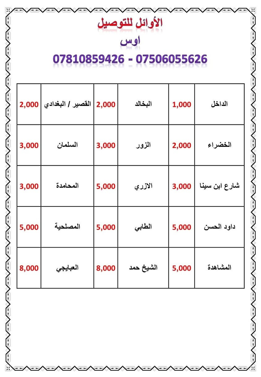 السلام عليكم 
أخواني وأخواتي الأعزاء

أول شي رمضان كريم عليكم جميعاً

تقبل الله منا ومنكم صالح الأعمال

ثاني شي قبل فتره نشرت هذا المنشور

https://www.facebook.com/share/p/1CvEzvuV34/

بخصوص التوصيل بالدراجه مالتي إلي يحب يدخل عالرابط مال المنشور 

أني بالشغل عندي نظام الموقع الحالي يعني تدزولي الموقع عالواتساب وإنترنت عندي دائماً مفعل خدمه علمود هذا الشي وعندي موقع الويز أمشي عليه

يعني أجيكم الباب البيت عن طريق الويز

بس أكو البعض ما يعرف شلون يدز الموقع عندي هذني الصور موضح بيهن شلون يندز الموقع الحالي سهله وبسيطه

وأكو صورة مكتوب عليها أسعار التوصيل همين منزلها

#ملاحظه_بسيطه 

طبعاً البعض يگول هيه الطارمية من كبرها

أخوان مو شغلة صغيرة أو كبيرة

بس القضاء بي بيوت هواي أني ما أضل واگف براس الفرع واشوف منو يطلع بالباب حتى أروحله لو يبقى يدليني عالبيت مالته ويوصف البيت إلي وشنو مكتوب عالحايط لو الباب مالته أبيض وهذا تأخير عليه بالشغل أني 

أكو موقع الويز يذبني بالباب مال صاحب الطلبيه أفضل وأحسن
‍#هاتف***********
#هاتف*********** يوجد واتساب

#تحياتي_للجميع_وأعتذر_عالإطالة

