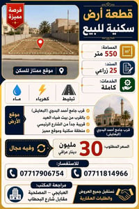 أرض سكنية • ٥٥٠م • قرب جامع أحمد البدوي