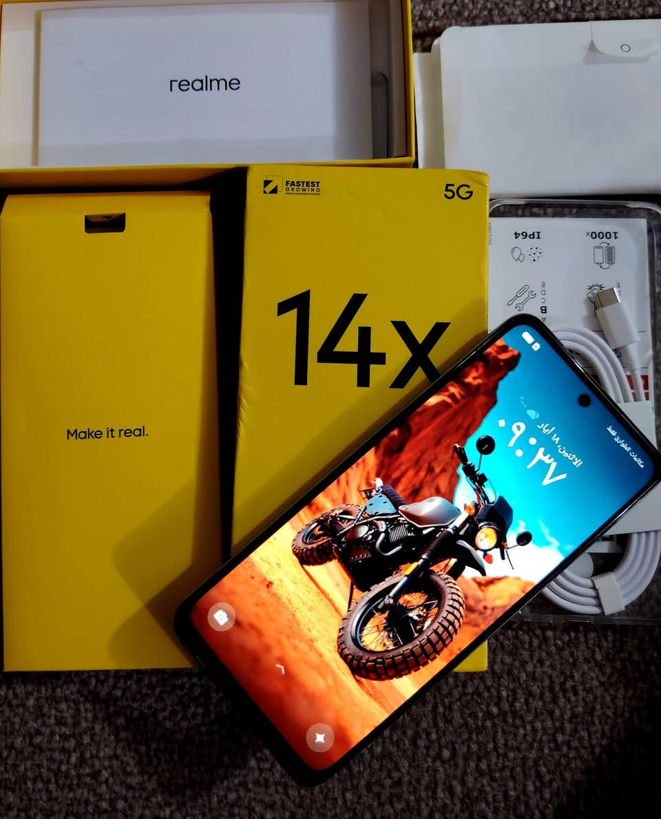 ريلمي 14X 5G
جهاز مستخدم أيام بس 
نضافته 100% 
ملحقاته ما مستخدمة أبد 
ذاكرة 128 
الذاكرة العشوائية 16
معالج Dimensity6300 
نسخه 5G
الشاشة بتردد 120 هيرتز
معيار IP64 
مقاوم للماء والغبار
كاميرا 50 ميگابكسل
بطاريه 🔋5000 ملي أمبير 
السعر 200 قفل 
علما الجديد مالته بحدود 300
التواصل خاص او واتساب ***********
