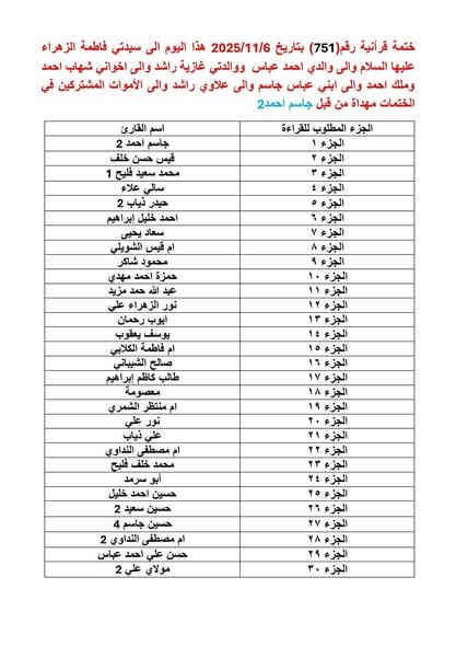 بسم الله الرحمن الرحيم
واذا قرئ القرءان فاستمعوا له وانصتوا لعلكم ترحمون
سورة الاعراف الاية 204
ختمات قرانية اسبوعية تصدر عن دار القرآن الكريم ديالى المقدادية الهارونيه قرى الكيلوات  المشترك يقراء جزء كل اسبوع علما القراءه تكون في بيتك    وعند اكتمال قراءة الجزء  تكتب تم في التعليقات   للتأكد من  المشترك متابع معنا  وجزاكم الله خير

للحجز والاستفسار التواصل على هذا الرقم ابو حسن
***********
***********
@الجميع
@إشارة
