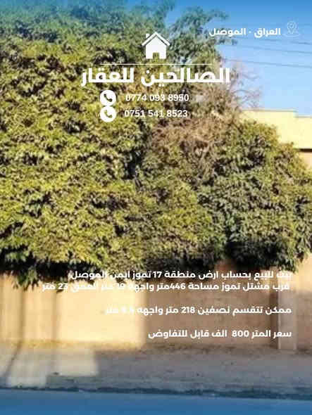 البيت للبيع بحساب ارض 
حي 17 تموز قرب مشتل تموز 
سند طابو ملك صرف

446 متر واجهه 19 العمق 23 
ممكن ينقسم قطع مميزة 218 متر واجهه 9.5 العمق 23 

سعر المتر 800 الف قابل للتفاوض 
للتواصل مع الصالحين للعقار
***********
***********
***********
#الصالحين_للعقار #بيوت_للبيع #بيوت #استثمار #عقارات_الموصل #بيت_للبيع #عقارات #ارض_للبيع #استثمار #استثماري
