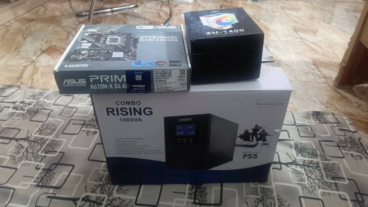 السلام عليكم pc للبيع
المواصفات
Ci5-12400F 

METALFISH-ZH 1400

 amd Radeon RX 6700 xt 12gb

H610M Asus
 
 DDR4 16gb ddr4 lexar 3200

 m.2 512gb

 650w bronze
ups online 1kv ضمان سنه 
متوفر توصيل الى جميع محافضات العراق 
للتواصل ***********
سعر مع ups مليون 150 الف من دون ups مليون  مكاني صلاح الدين
