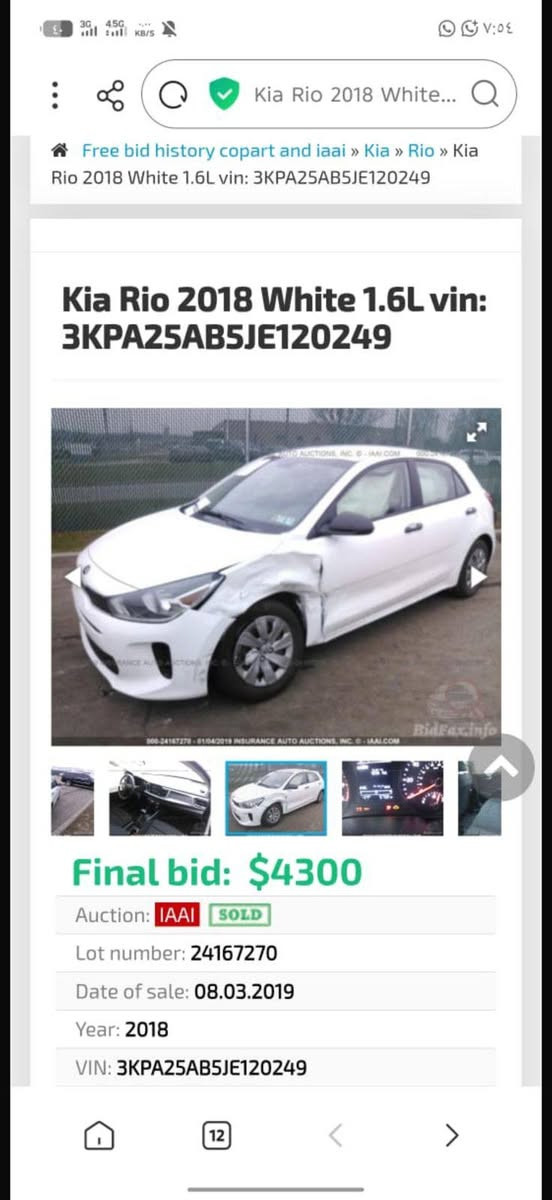 كيا ريو هاش باك موديل 18
ماشيه 63
محرك 1600 
حادث امريكا مرفق ويا الصور
بالعراق صبغ نصف  خلفي عكس السائق
السايرة كاملة مكملة مابيهة كل نقص
العنوان الدورة
الرقم ***********
السعر 108 وبيها مجال بسيط
