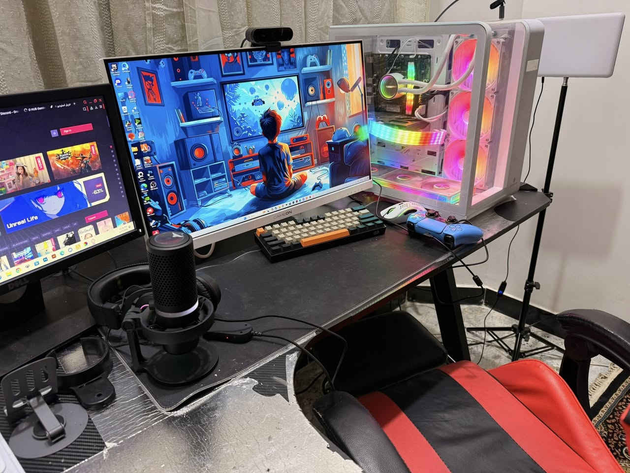 من رخصه لادمن 
لتجميعه كلهه للبيع ما ابيع قطع 
لكيبورد ريد دراكون برو مغناطيزي ستين بل ميه 
لماوس كلوريوس مودل دي 
لمايك هايبر اكس ولسماعه فيفينيا 
ولكامره لوجتك فور كي تلاثين فريم 
وميز وكرسي وشاشه كيم اون ميه ثمانين فريم تو كي
صارلي تلث اشهر مشتريهه اشغلهه ساعه بليوم لان انه دلفري وثنعش ساعه بل يوم اشتغل ضمان بعده بيهه سنه علا جميع لقطع بليوم اشغلهه ساعه لو ما اشغلهه 
مكاني بصره ما عندي توصيل تواصل وتساب اتصال 
***********
