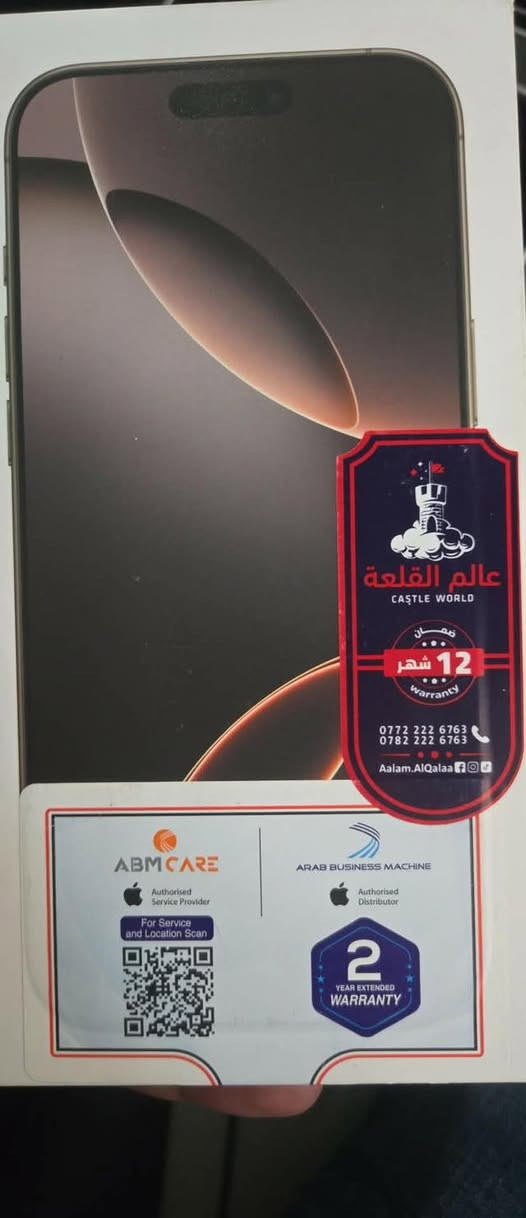 سلام عليكم
آيفون 16 برو ماكس 256 بعدة بالضمان ضمان شركة ABM الجهاز بعدة جديد سعرة 1400 ***********
