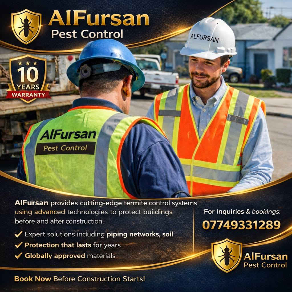 الفرسان لعمل منظومات الارضة الحديثة قبل البناء
احمِ بيتك قبل فوات الأوان
الأرضة ما تبين بسرعة…
لكنها تدمر الأساس من الداخل بدون ما تشعر!
✅ شركة الفرسان لمكافحة الحشرات
أنظمة متطورة لمكافحة الأرضة قبل وبعد البناء
نقدّم حلول احترافية لحماية المباني باستخدام:
✔️ شبكة أنابيب هندسية دقيقة
✔️ معالجة عميقة للتربة بمواد فعالة
✔️ حاجز كيميائي طويل الأمد
🛡️ لماذا تختار الفرسان؟
✔️ حماية تصل إلى 10 سنوات
✔️ تنفيذ احترافي بدقة عالية
✔️ مواد معتمدة عالمياً
✔️ نتائج مضمونة طويلة الأمد
⚠️ لا تنتظر ظهور المشكلة
الوقاية اليوم = توفير الاموال غداً
📞 احجز الآن
***********
يتوفر واتساب
"اقضي على الأرضة قبل ما تبدي… وخلي بيتك بأمان مع الفرسان"
