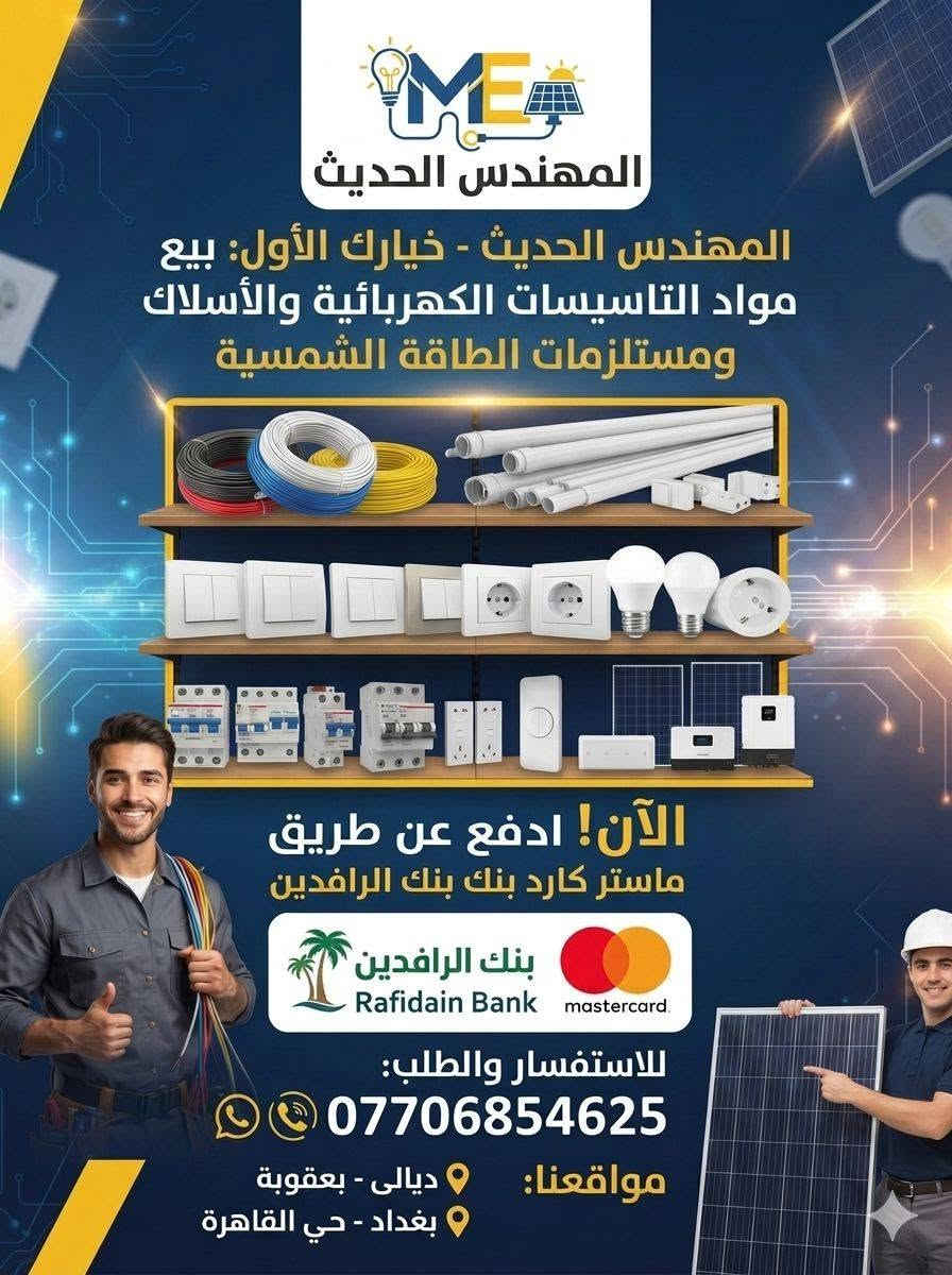 اشترِ اليوم وادفع بالتقسيط المريح!
#المهندس الحديث يوفر لك نظام تقسيط مباشر وحصري.
نقبل بطاقات الصراف الآلي لموظفي مصرف الرافدين (بطاقة الماستركارد).
🎁 يشمل العرض 
#جميع موادالتاسيسات الكهربائيه
#السويجات الذكية والإنارة الحديثة
#ملحقات الطاقة الشمسية والحمايات
#ملحقات السيطرة والتحكم
#منظومات الانذار المبكر للحريق 
#كاميرات المراقبة.
#الأجهزة الكهربائية
#الهواتف الذكية، 

🗓️ أقساط مرنة: فترات سداد مريحة تتناسب مع دخلك الشهري.

تفضل بزيارة معرضنا
📍ديالى بعقوبة-مقابل الأسواق المركزية
📍ديالى بعقوبة-مقابل كلية الرافدين 
📍بغداد -حي القاهرة مقابل مجسر البنوك.
📞 للاستفسار والحجز:
***********
***********
***********
***********
