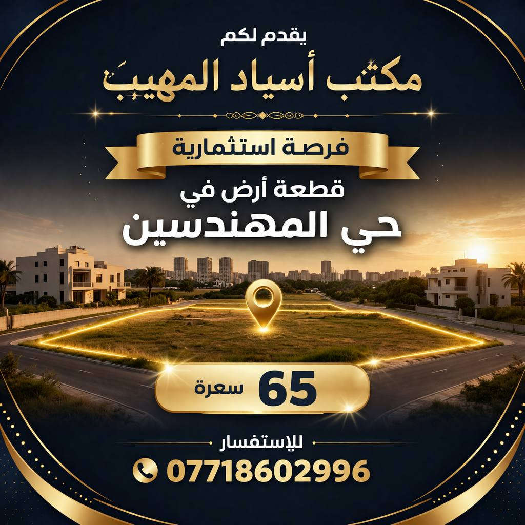 "فرصة استثمارية لا تعوض من مكتب أسياد المهيب. استثمر الآن في أراضٍ تجارية وسكنية في أرقى أحياء كربلاء الجزيرة. عروض حصرية، مواقع مميزة، وأسعار تنافسية. لا تفوت الفرصة. للتواصل والاستفسار: ***********."
